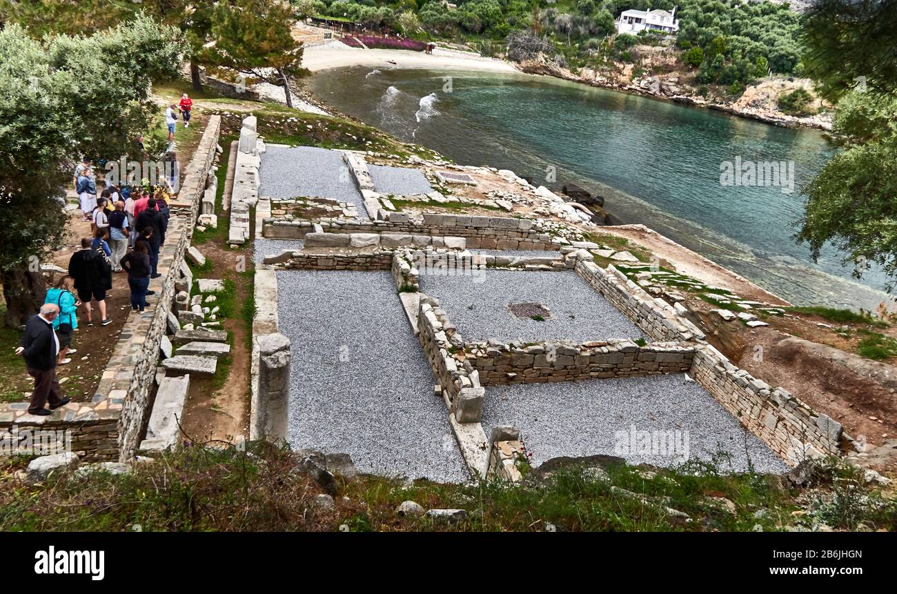 Thassos Island, , Grèce, Europe, il est dit que pendant l'antiquité, c'était le royaume d'Aliki qui avait une grande population et un grand port.pendant le VIIe siècle avant J.-C. de plus, l'ancienne dorp est de grand intérêt archéologique.sur le point le plus haut, Il y a les restes de deux basiliques paléochrétiens du 5ème siècle, Alykes est une péninsule d'intrrest archéologique Banque D'Images