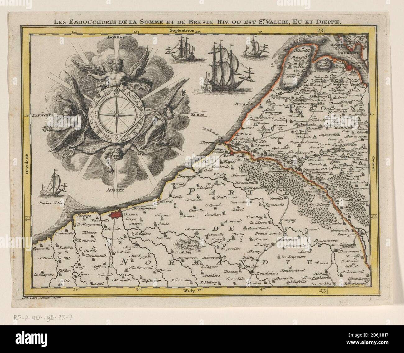 Partie d'une carte des Pays-Bas autrichiens les emboutures la somme et Bresle riv ou est St Valeri, Eu et Dieppe (titre objet) partie d'une carte des Pays-Bas autrichiens, composée de 24 parties. En bas à droite numéroté: 19. Fabricant : print maker: Tobias Conrad Lotter Dans le dessin: Albrecht Carl Seutter (indiqué sur l'objet) cartographe: Matthaeus Seutter (III), éditeur: Matthaeus Seutter (III) fournisseur de privilèges: Zwaben et Franken Vicariat of Rhine Place fabricación: Augsburg Dating : 1737 - 1757 Caractéristiques physiques: Gravure et engraissement, matériel de couleur manuelle: Papier Engrr Banque D'Images