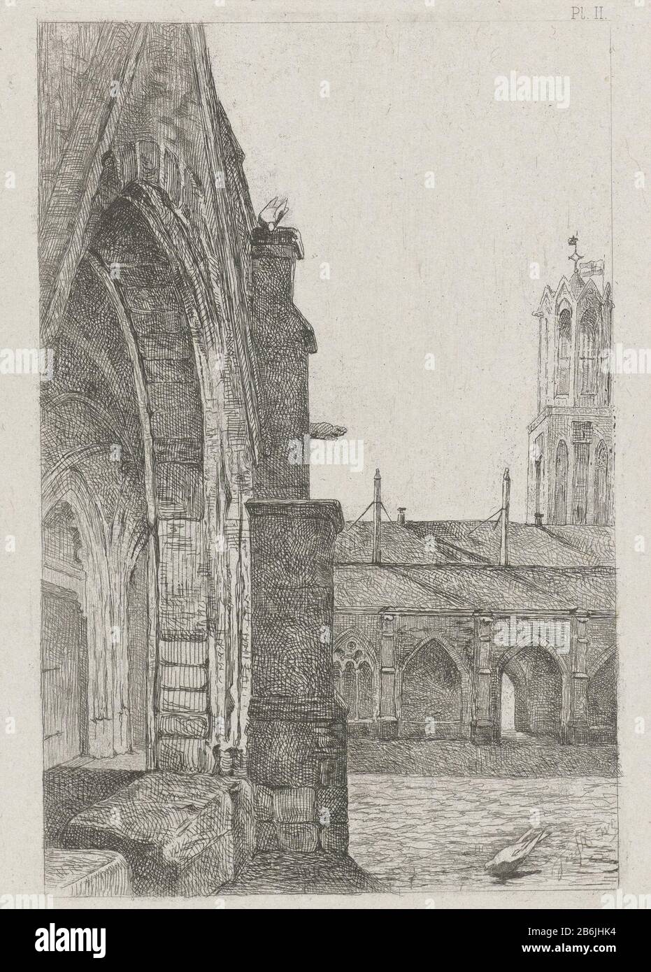 Partie d'un monastère à la cathédrale d'Utrecht vue d'un cloître avec la partie gauche d'une entrée à un monastère à la cathédrale d'Utrecht. Droite : Pl. II. Fabricant : printmaker Josef Hoevenaar (propriété cotée) Lieu de fabrication: Utrecht Date: 1850 - 1926 Caractéristiques physiques: Gravure sur chine collé matériel: Chine collé technique: Gravure Dimensions: Bord de la plaque: H 212 mm × W 159 mm Objet: Cloisters (extérieurs) de l'église ~ monastère Banque D'Images