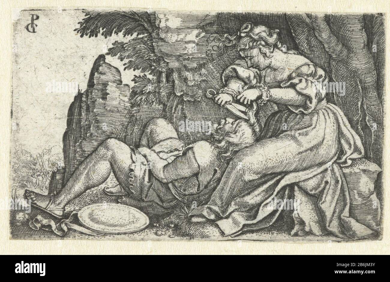 Delilah a coupé les cheveux de Samson Histoires de l'ancien Testament (titre de la série) Delilah est la tête du Samson endormi dans son ventre et a coupé des verrous de sa haar. Fabricant : printmaker Georg Pencz (bâtiment classé) dans sa conception: Georg PenczPlaats fabrication: Allemagne Date: 1531 - 1532 Caractéristiques physiques: Matière automobile: Papier technique: Engraa (procédé d'impression) mesures: Bord de la plaque: H 48 mm × 78 b mm Objet: Les cheveux de Samson sont coupés par Delilah Banque D'Images