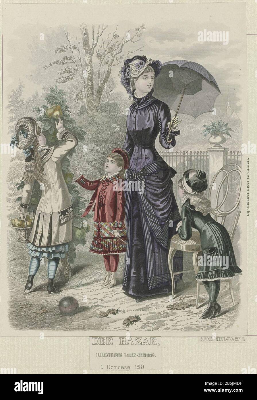 Le bazar, Illustrirte Ladies journal, 1 octobre 1880 Femme en robe à haut col avec manches longues. Chapeau décoré de plumes et de fleurs. Parasol à rayures. Vêtements pour enfants: Trois filles dans diverses robes. La fille la plus ancienne est engagée poires plukken. Fabricant : printmaker: Anonyme Date: 1880 Caractéristiques physiques: Acier engraa, matériau de couleur manuelle: Papier technique: Engraa (impression) / couleur de la main dimensions: Feuille: H 291 mm (image collée sur papier) × b 198 mmgeheel: H 330 mm × W 238 mm Objet: robe, robe (+ vêtements pour femmes) équipement de tête (+ vêtements pour femmes) mode assiettes tête-gea Banque D'Images