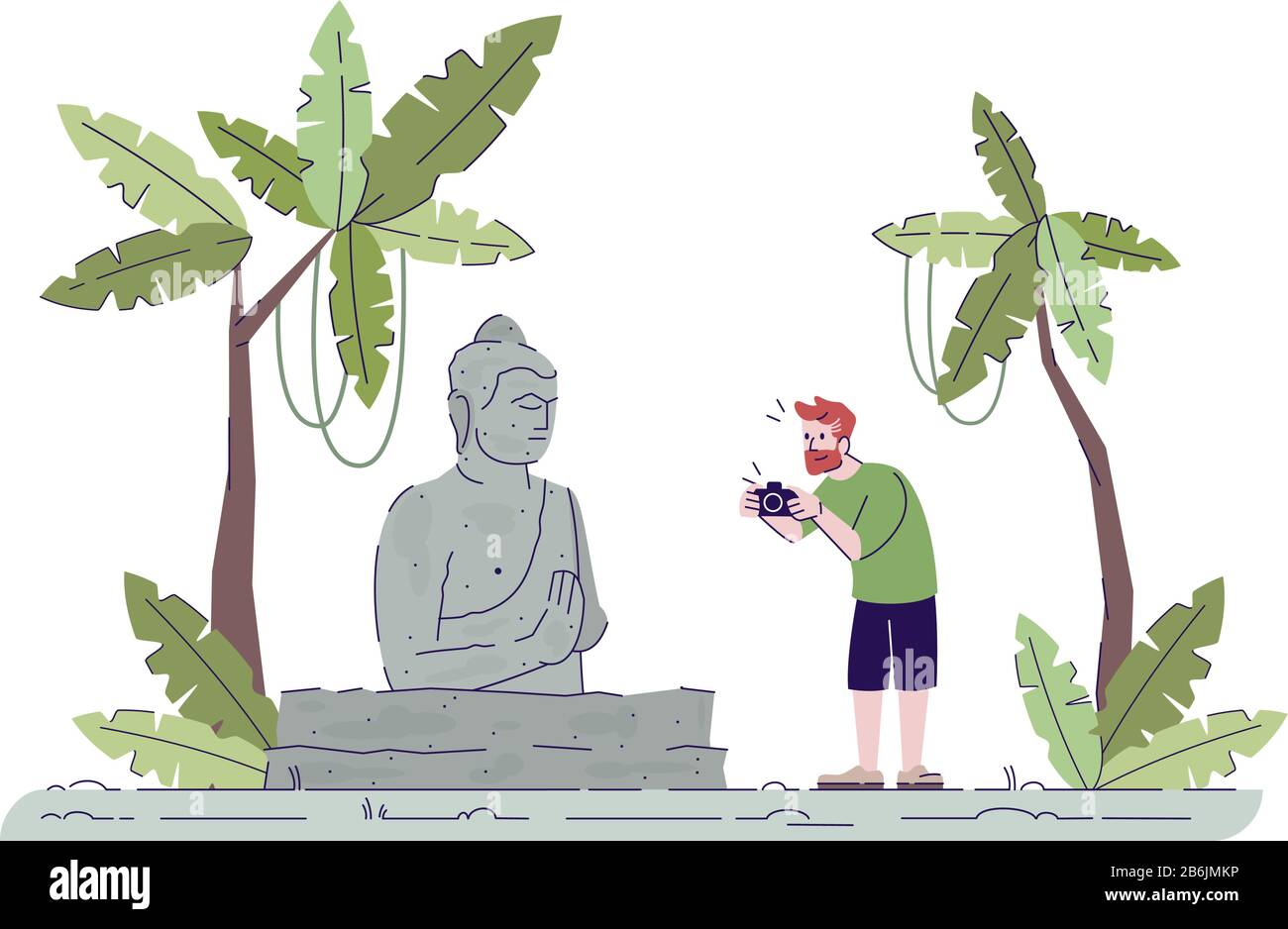 Homme photographiant l'illustration du gribouille plat du monument. Guy prend la photo de la statue de Bouddha dans la forêt tropicale. Temple bouddhiste. Indonésie tourisme 2-D Illustration de Vecteur