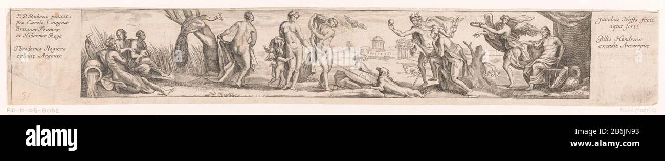 Détail pichet avec le Parisoordeel détail d'un pichet de Charles I, roi d'Angleterre. Une frise représentant des scènes Du Verdict de Paris : A gauche un dieu de l'eau avec deux femmes, en plus des trois déesses Hera, Aphrodite et Athena, à droite est Paris sur une souche d'arbre, Mercure se tient à côté de lui avec une pomme dorée en main, à droite est Jupiter à côté d'un ange avec une couronne dans sa main. Fabricant : printmaker Jacob Neefs (propriété cotée) à la peinture de Peter Paul Rubens (propriété cotée) conçu par Theodoor Rogier Éditeur: Gilles Hendricx (propriété cotée) Lieu de fabrication: Anvers Date: 163 Banque D'Images