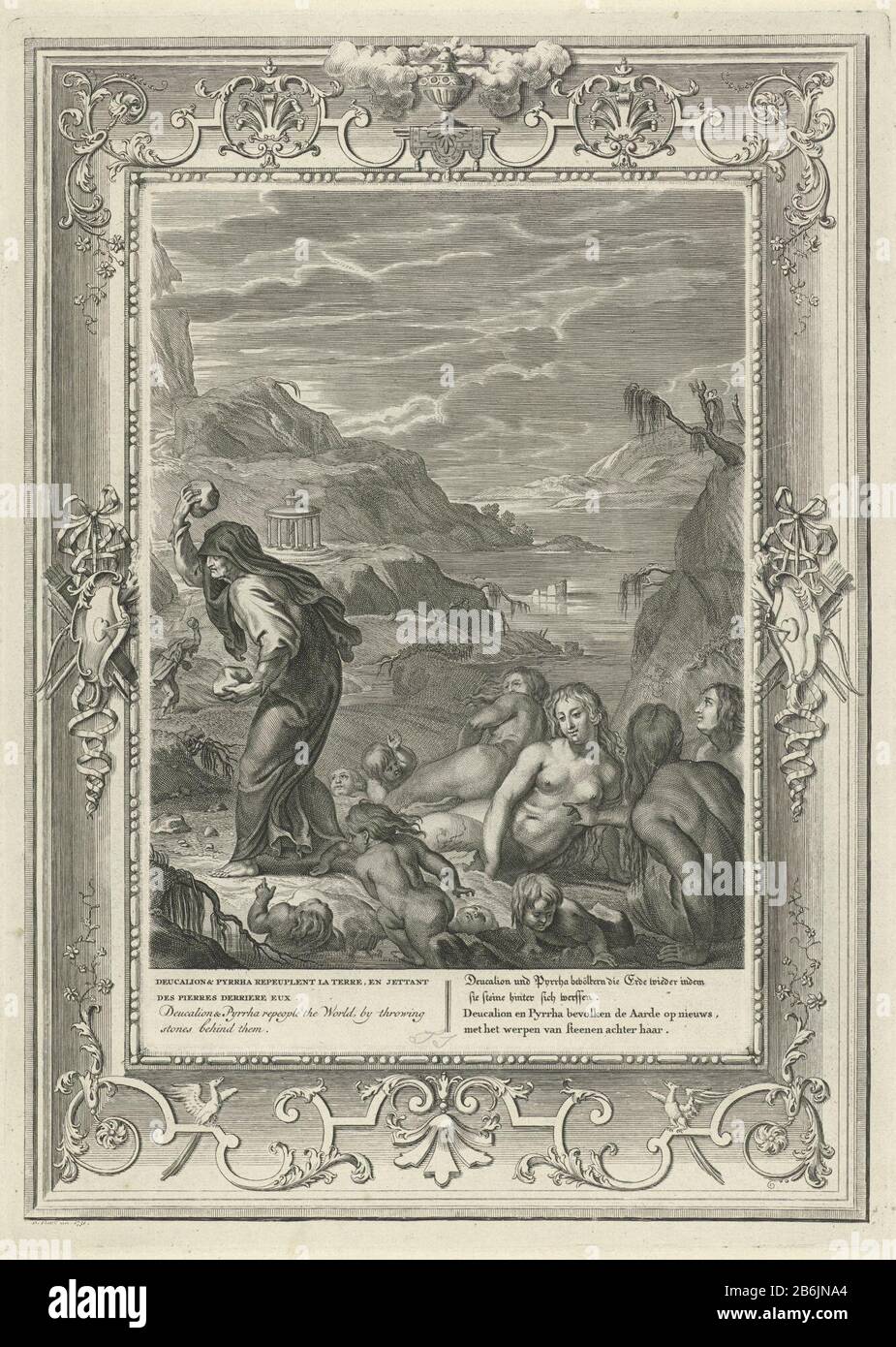 Deucalion et Pyrrrha créent une nouvelle course d'hommes Quand l'eau a chuté et Deucalion Pyrrrha oracle Themis a conseillé de couvrir leurs visages. Ils jettent des pierres derrière ce changement chez les hommes et les femmes. En arrière-plan le temple de l'oracle. En marge du titre en français, anglais, allemand et néerlandais. Le spectacle est décoré avec un rand décoratif. Fabricant : Print maker: Bernard Picart (studio) à dessin de: Bernard Picart (indiqué sur l'objet) Lieu de fabrication: Amsterdam Date: 1731 Caractéristiques physiques: Gravure et engrafage imprimé à partir de deux feuilles de matériaux: Technique du papier Banque D'Images