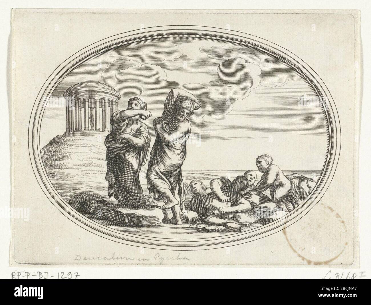 Deucalion et Pyrrha Deucalion et Pyrrrha avec des bras relevés travaillant derrière la pierre se jetant. Sur le terrain, tourner les pierres en hommes et en femmes. En arrière-plan se trouve le temple de l'oracle zien. Fabricant : printmaker Cornelis Bloemaert (II) au dessin: Pietro da CortonaPlaats fabrication: Rome Date: 1633 - 1692 Caractéristiques physiques: Matière automobile: Papier technique: Engraa (procédé d'impression) Dimensions: Bord de la plaque: H 110 mm × W 147 mm Objet: Pierres en un: Les pierres lancées par Deucalion et Pyrrrrha, comme le demande l'oracle de Themis, se transforment en une (Ovid, Metamorphoses X 400) Banque D'Images