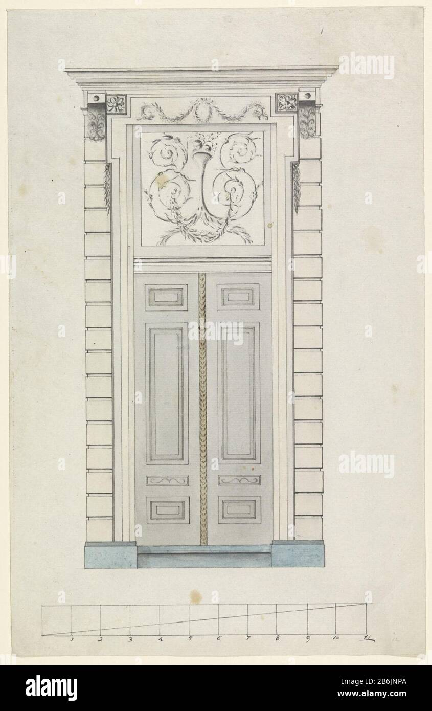 Avec ses panneaux et son dessus-de-porte avec ses guirlandes et ses vlechwerk, la grandeur place une porte avec des panneaux et un dessus de porte. Fabricant : artiste: Anonyme date: 1650 - 1800 Caractéristiques physiques: Stylo en noir et blanc matériau: Encre papier technique aquarelle: Pinceau / stylo Dimensions: Feuille: H 364 mm × W 234 mm Objet: Par Banque D'Images