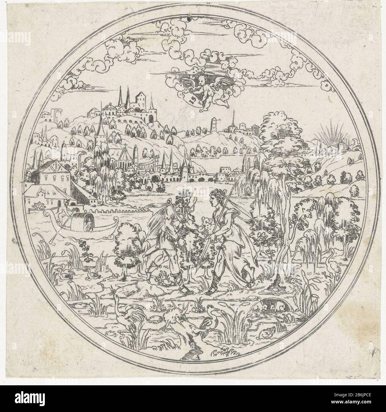 Diana et Endymion Bas de paysages de balance avec des représentations bibliques et mythologiques (titre de série) Dans l'air flotte un puto avec un bouclier avec la signature de Silber. ? A partir de la série 8 feuilles Manufacture Créateur: Printmaker: Jonas Silber (bâtiment classé), conçu par Jonas Silber (bâtiment classé) Editeur: Fabrication anonyme: Allemagne (possible) Date: 1572 - 1582 matériau: Technique du papier: A dimensions: Lame: D 133 mm Banque D'Images