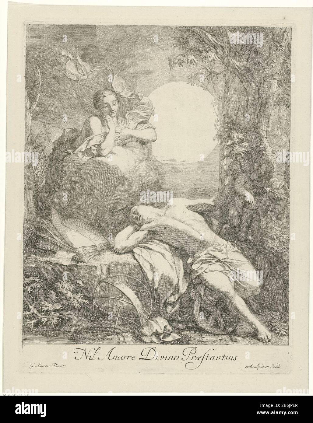 Diana en Endymion Rien Divine Love Cross (op title object) Endymion, qui souffre de Jupiter pour toujours endormi s'est endormi en échange de la jeunesse éternelle, est visité par Diana. D'un nuage Diana regardant vers le bas à lui. Au premier plan est une sphère armillaire, la droite d'Endymion est Cupid avec une flèche dans sa main, la gauche est un boek battu ouvert. Fabricant : printmaker: Gerard de Lairesse (propriété listée) à peindre par Gerard de Lairesse (bâtiment listé) éditeur Gerard de Lairesse (bâtiment listé) Daté: 1680 Caractéristiques physiques: Matériau de gravure: Technique du papier: Dimensions de gravure: Bord de la plaque Banque D'Images