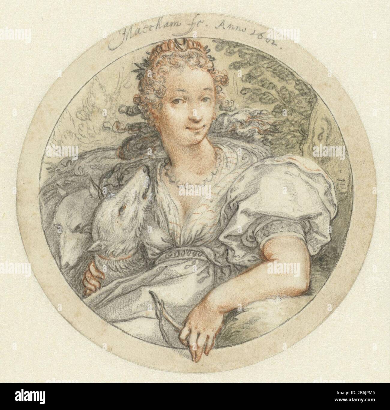 Diana dans un cadre rond Diana dans un type d'objet à cadre rond: Dessin Numéro d'objet: RP-T-1881-A-110 Fabricant : artiste: Jacob Matham Dating: 1602 Caractéristiques physiques: Craie rouge et noire, brosse en peinture jaune-verte et blanche: Peinture à craie en papier technologie : taille du pinceau: 120 mm d (présentation) d × 137 mm (marge) Sujet : (histoire de) Diana (Artemis) Banque D'Images