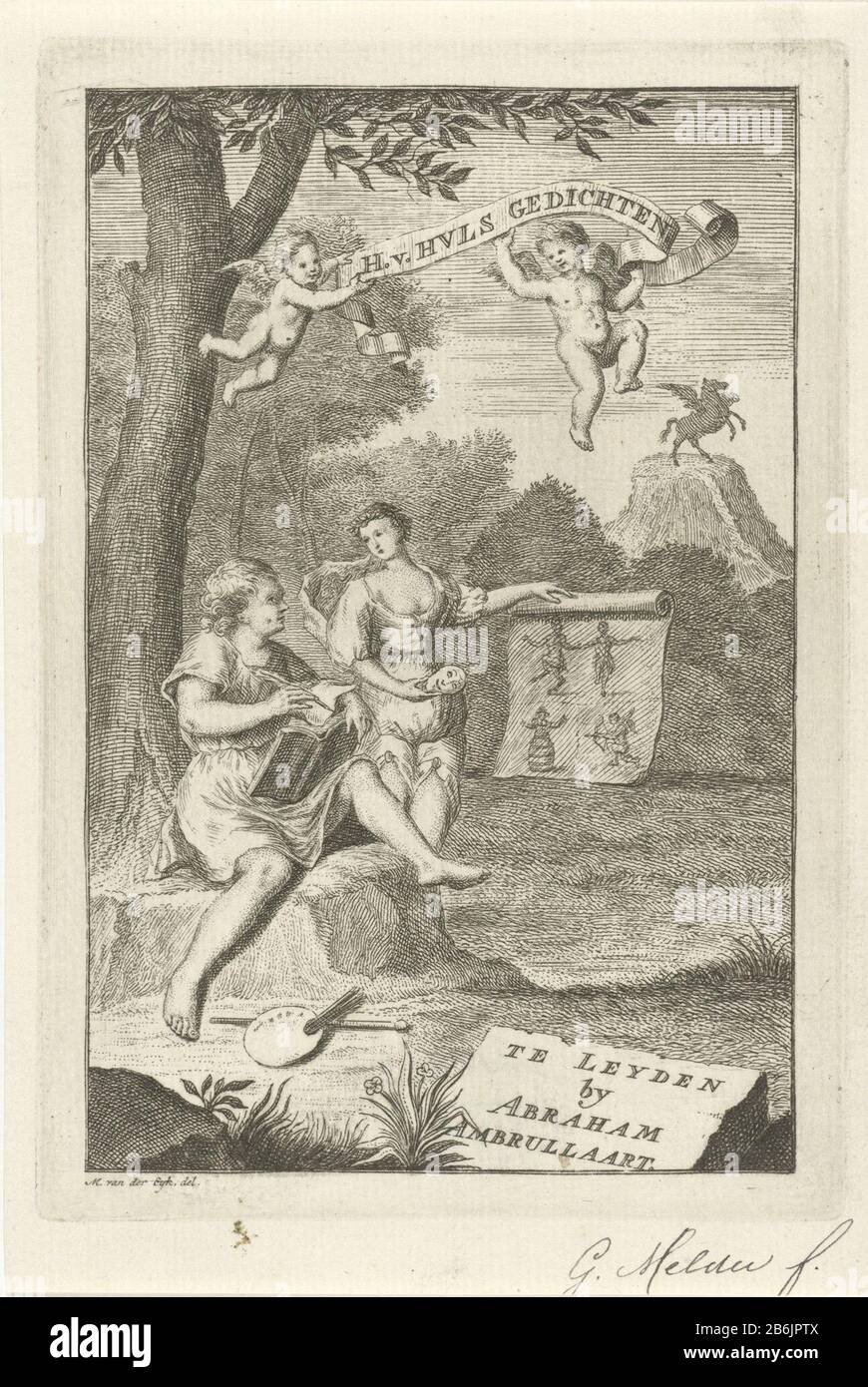 Plus proche avec sa muse titre page pour Hendrik de Hüls, Poems, 1734 gauche sous l'arbre est un poète avec un livre dans une main et un stylo dans l'autre main. Il regarde un dessin qu'il est montré par la muse du théâtre. A ses pieds sur le sol une palette, des brosses et un bâton de peinture. En arrière-plan à droite Pegasus sur Helicon. Fabricant : printmaker Gerard détecteur à dessiner: Matthias van der Eyck (bâtiment classé) éditeur: Abraham Ambrullaart (propriété cotée) Lieu de fabrication: Leiden Date: 1734 Caractéristiques physiques: Matière de gravure: Technique du papier: Gravure Dimensions : bord de la plaque: H × 143 mm b 98 mtoe Banque D'Images