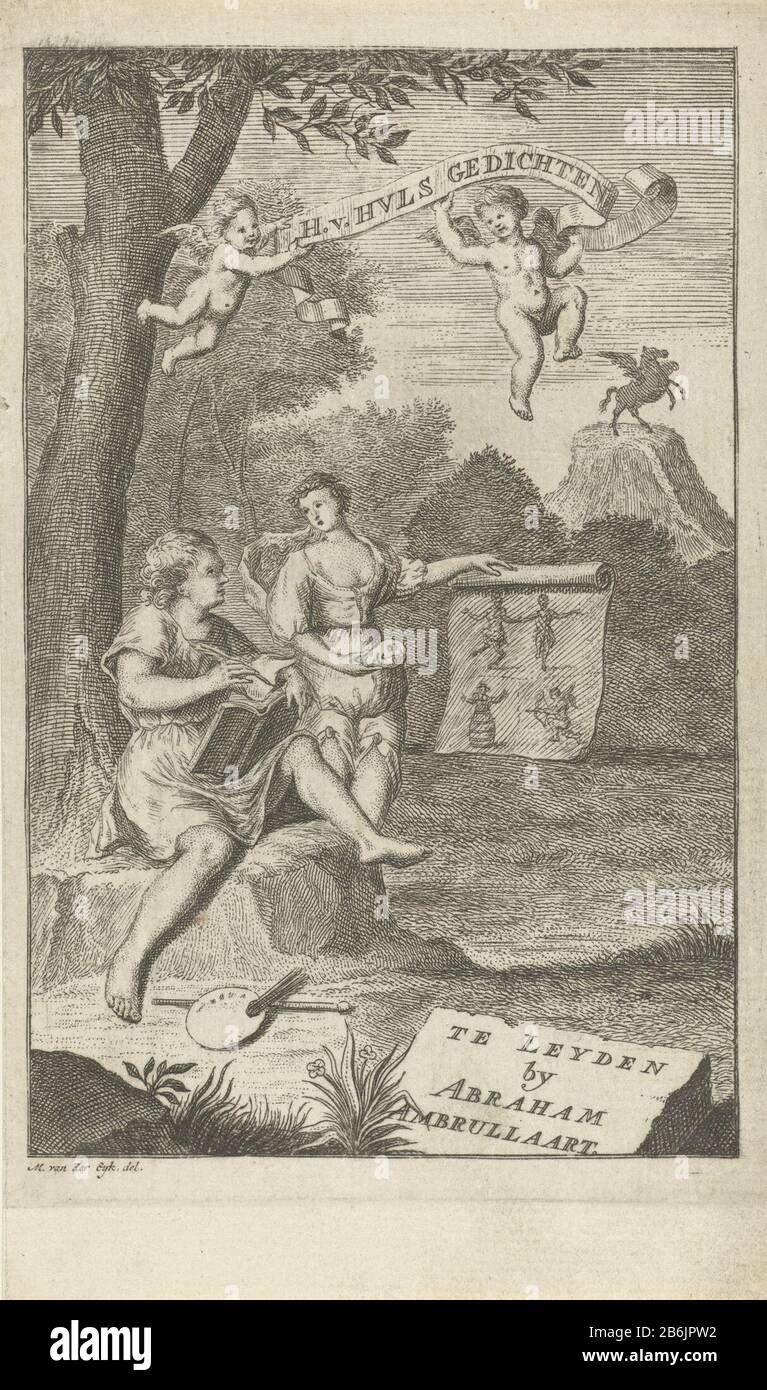 Plus proche avec sa muse titre page pour Hendrik de Hüls, Poems, 1734 gauche sous un arbre est un poète avec un livre dans une main et un stylo dans l'autre. Il regarde une photo, montré à lui par la muse du théâtre. A ses pieds sur le sol une palette, des brosses et un bâton de peinture. En arrière-plan à droite Pegasus sur Helicon. Fabricant : printmaker Gerard détecteur à dessiner: Matthias van der Eyck (bâtiment classé) imprimante Abraham Ambrullaart (propriété cotée) Lieu de fabrication: Leiden Date: 1734 Caractéristiques physiques: Matériau de gravure: Technique du papier: Gravure Dimensions : bord de la plaque: H × 144 mm b 94 mmTo Banque D'Images