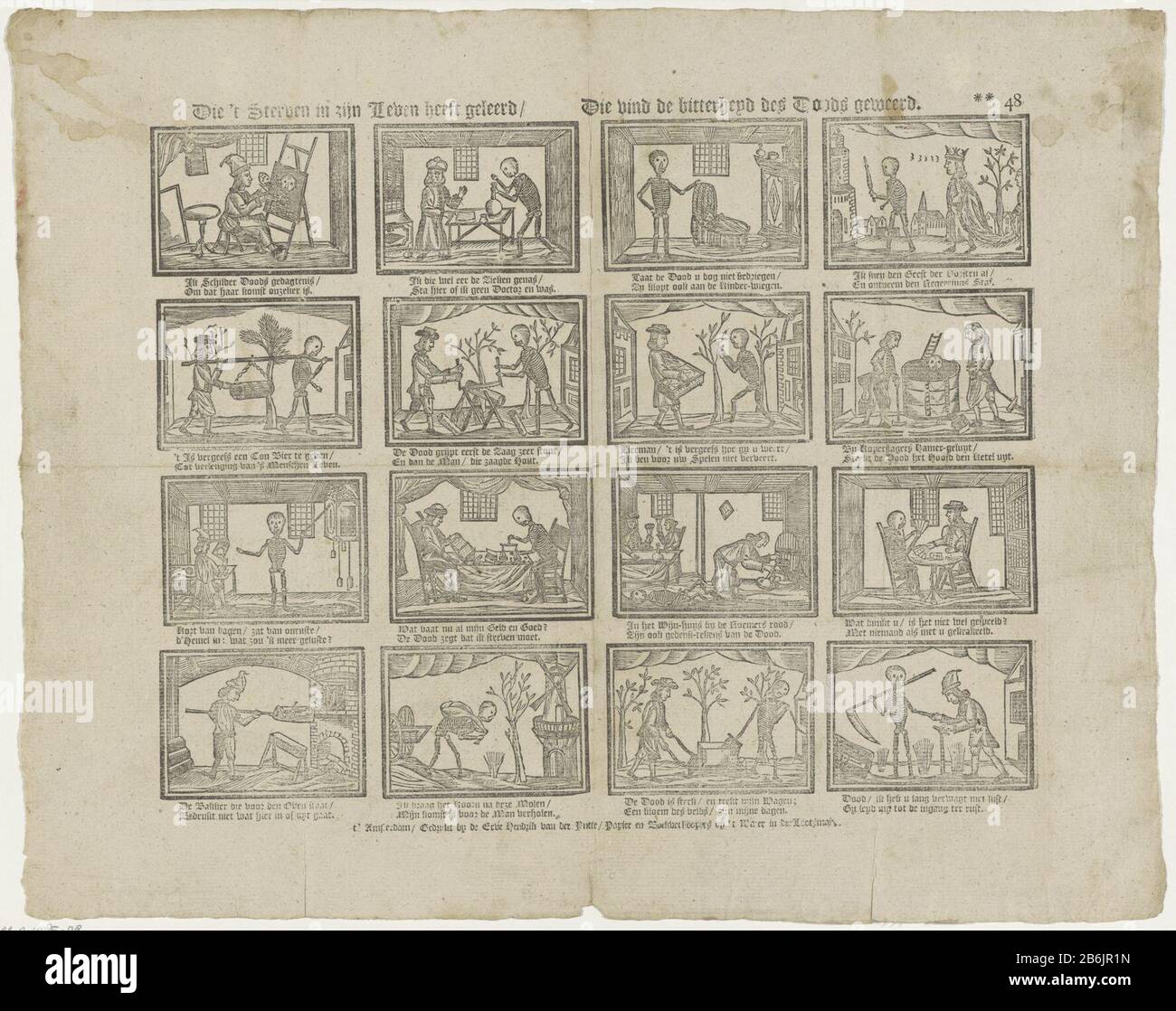 'T die a appris dans sa vie qui trouvera l'amertume de la mort barrée (objet titre) feuille avec 16 représentations d'emblemata entourant la mort. Sous chaque image, un verset à deux lignes. Numéroté en haut à droite : ** 48. Fabricant : Vendeur: Erven Hendrik van der Putte (bâtiment classé) éditeur John Kannewet (II) printmaker: Fabrication anonyme: Amsterdam Date: 1770 - 1794 Caractéristiques physiques: Impression de bois et de texte: Papier technique: Bois / typographie dimensions: Feuille: 332 mm × h 417 b de mmToelichtingUitlave ** No 48 de la liste de fonds de John Kannewet (II) avec le a Banque D'Images