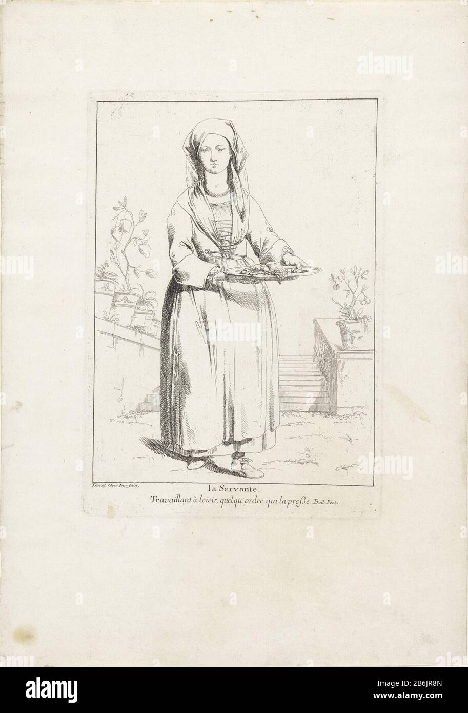 Dienstmeid la servante (titre objet) Divers portraits (titre de la série) une femme de ménage avec un plateau de fruits. En arrière-plan un escalier et la plante potten. Fabricant : graveur Giovanni David (bâtiment classé) dans son dessin: Giovanni David (propriété listée) écrivain Nicolas Boileau (bâtiment listé) commandé par Giovanni David Dédié à: Domenico CorviPlaats fabrication: Print Maker: Venise à propre dessin de: Venice Writer: Paris Dédié par: Venise Dédié à: Italie Date: 1775 Caractéristiques physiques: Matériel de gravure: Technique du papier: Dimensions de gravure: Bord de la plaque: H 240 mm × W 167 mmTo Banque D'Images