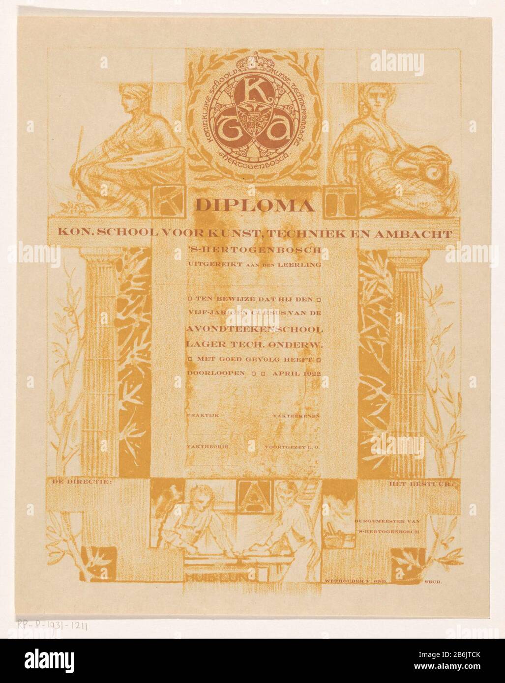 Diplôme du Royal College of Art, art et artisanat à Den Bosch colonnes gauche et droite , texte central. En haut à gauche sous la lettre K se trouve une figure avec palette et pinceau; en haut à droite de la lettre T une figure avec une machine. Vers le bas à la lettre, DEUX hommes travaillant sur un tafel. Fabricant : printmaker: Huib Lun (bâtiment classé) En Date: 1891 - 1931 Caractéristiques physiques: Lithographie en jaune et impression de texte en rouge: Technique papier Lithographie (technique) / formats d'impression: Feuille: H 262 mm × W 207 mm Objet: Représentations symboliques, allégorieà «n and emblèmes  art; 'Arte' (Ripa) handicap Banque D'Images