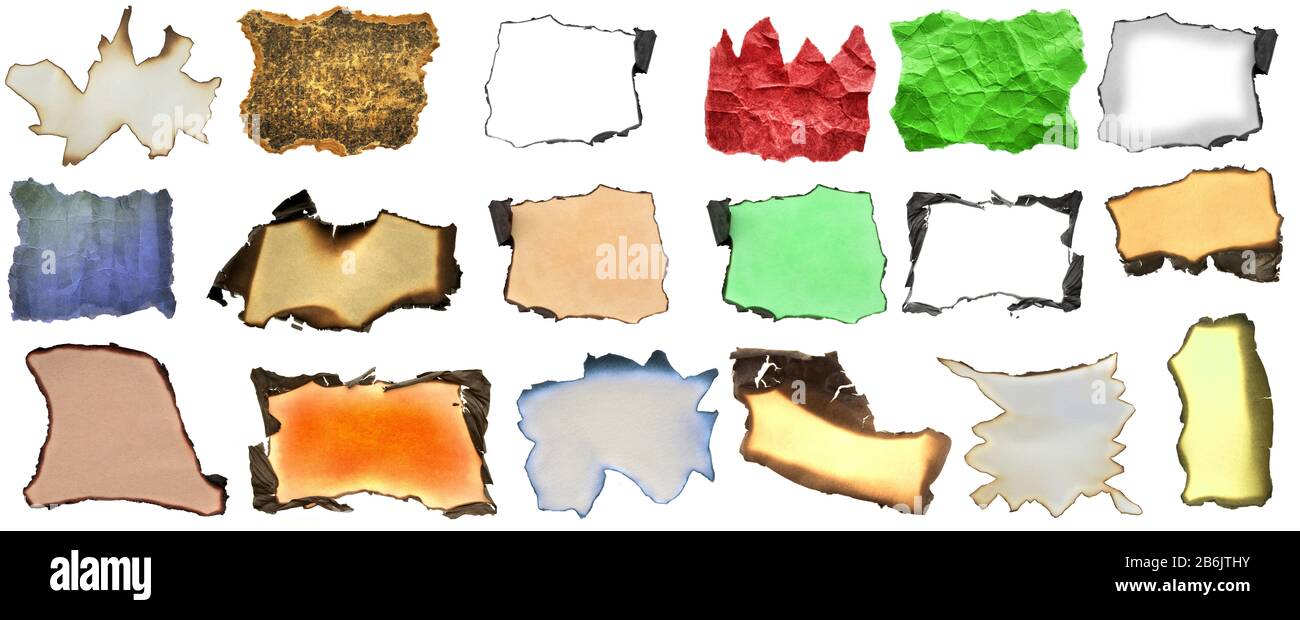 jeu de papier déchiré froissé et brûlé dans des couleurs isolé fond blanc Banque D'Images