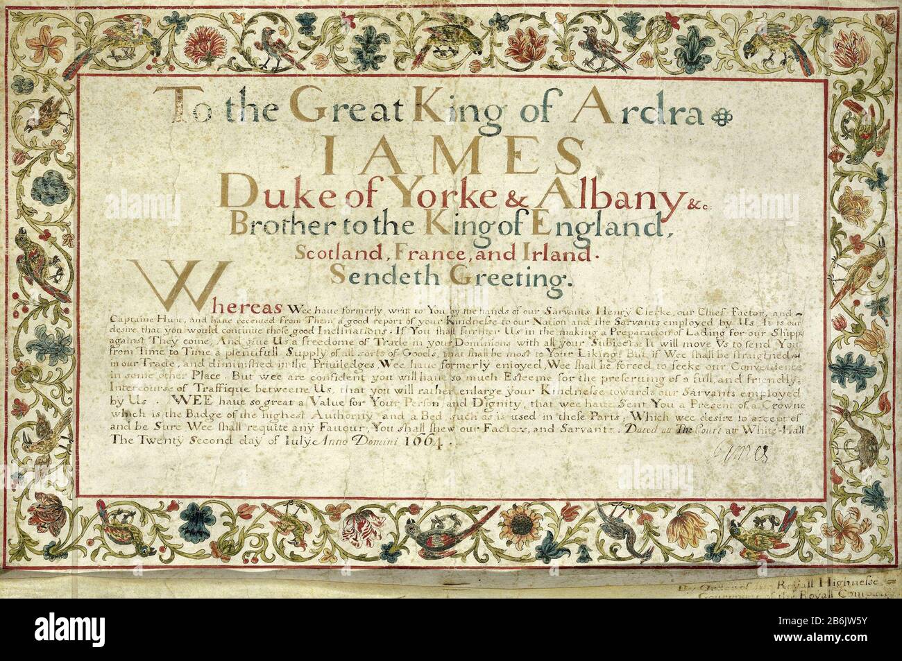 Papier James, duc de York, roi d'Ardra, NM-NM-816-B le document Rechthoekig met centraal het opschrift 'Au grand roi d'Ardra James [...] salutation de sénième'. OM het opschrift in een kader versierde rand met vogels, bloem- en bladmotieven. Kleuren: Blauw, rood, groen bruin. Middenonder: Insnijding voor bevestiging van zegel (NG-NM-816-C). Gesigneerd: Keerzijde, l.o.: Ellis Leighton (secr.). Gedateerd: M.s.: Le vingt-deuxième jour d'Iouly Anno Domini 1664. Fabricant : Ellis Leighton (Sir)James Stuart (hertog van York)Plaats fabrication: Engeland Dating: 1664 kenmerken physique: Inkt o Banque D'Images