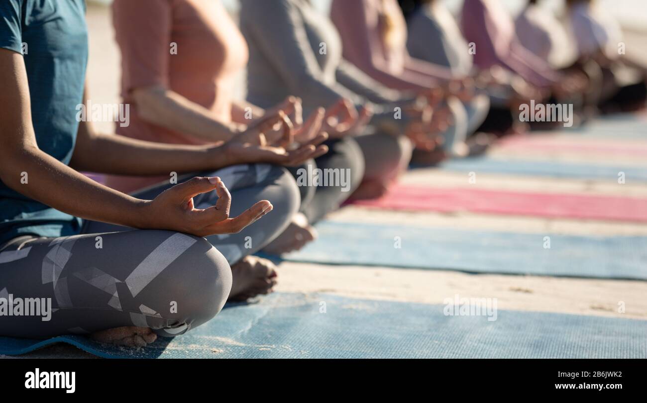 Vue latérale des femmes alignées faisant du yoga ensemble Banque D'Images