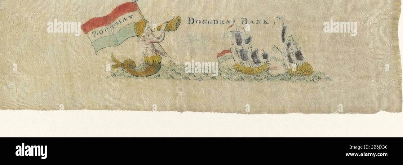 Doggersbanklint Allegory de la victoire à la bataille de Dogger Bank le 5 août 1781 entre la flotte néerlandaise et anglaise. Une triton avec le drapeau néerlandais Où: Au nom de Zoutman soufflant une corne, sur le fond de la bataille. Présentation sur un ruban de soie comme décoration au chapeau a été gedragen. Fabricant : Print maker: Fabrication anonyme: Pays-Bas Date: En 1781 Caractéristiques physiques: Gravure et engrafage sur le visage, matière de couleur manuelle: Technique de soie: Gravure / engrafage (impression) / avec des mesures de couleur à la main: Ruban: H 67 mm × W 207 mm Objet: B Banque D'Images