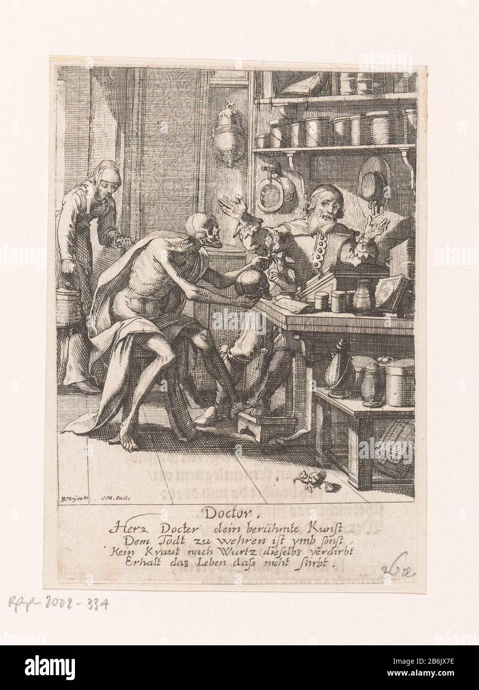 Et docteur décès Docteur (titre objet) la danse de la mort (titre de la série) UN médecin dans son étude. Près de lui mort comme squelette lui une plante et un crâne voorhoudt. Fabricant : printmaker Conrad Meyer (bâtiment répertorié), conçu par Rudolph Meyer (bâtiment répertorié) Éditeur: Johann Jakob Bodmer Date: 1650 Caractéristiques physiques: Gravure et typographie sur le matériel verso: Technique du papier: Dimensions de gravure: Feuille: H 129 mm (coupe dans le bord de la feuille) × L 90 mm (coupe dans le bord de la feuille) Commentaires imprimer: Meyer, Rudolph. Sterbenspiegel, das ist sonne fait Vorstellung homme licher Nichtigkeit durch Banque D'Images