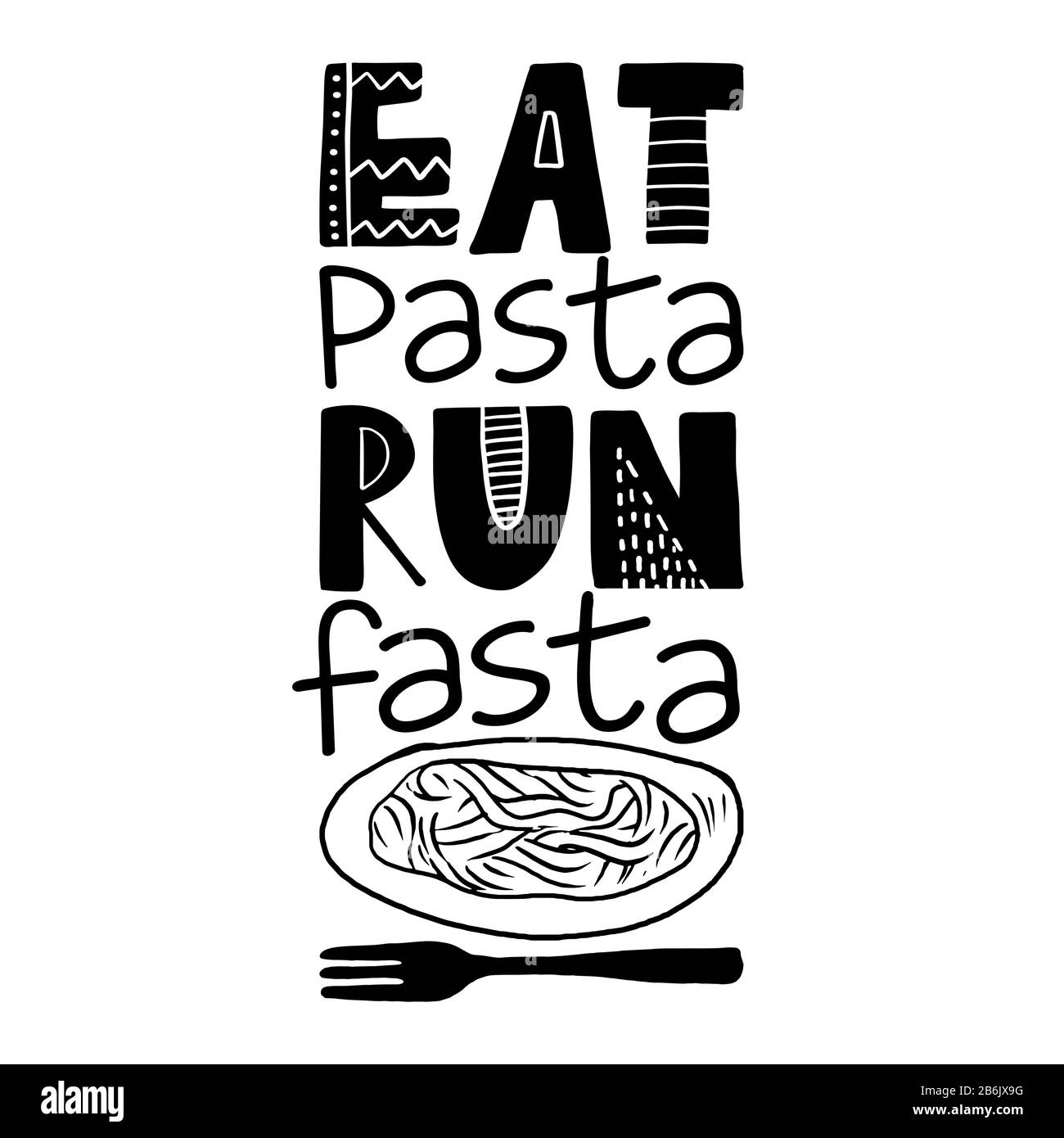 Mangez des pâtes, courez fasta - joli concept avec des pâtes italiennes à la fourchette. Bon pour la réservation de ferraille, affiches, textiles, cadeaux, ensembles de voyage. Spaghetti. Illustration de Vecteur