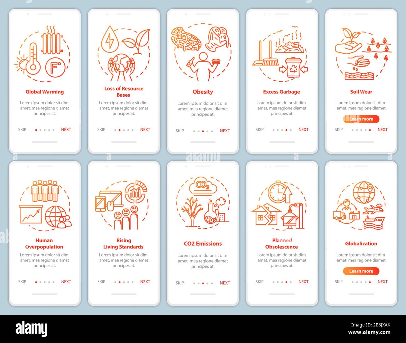 Écran de la page des applications mobiles d'intégration de surconsommation avec concepts. Dommages environnementaux. Le consumérisme passe en 5 étapes des instructions graphiques. Vecteur d'interface utilisateur Illustration de Vecteur