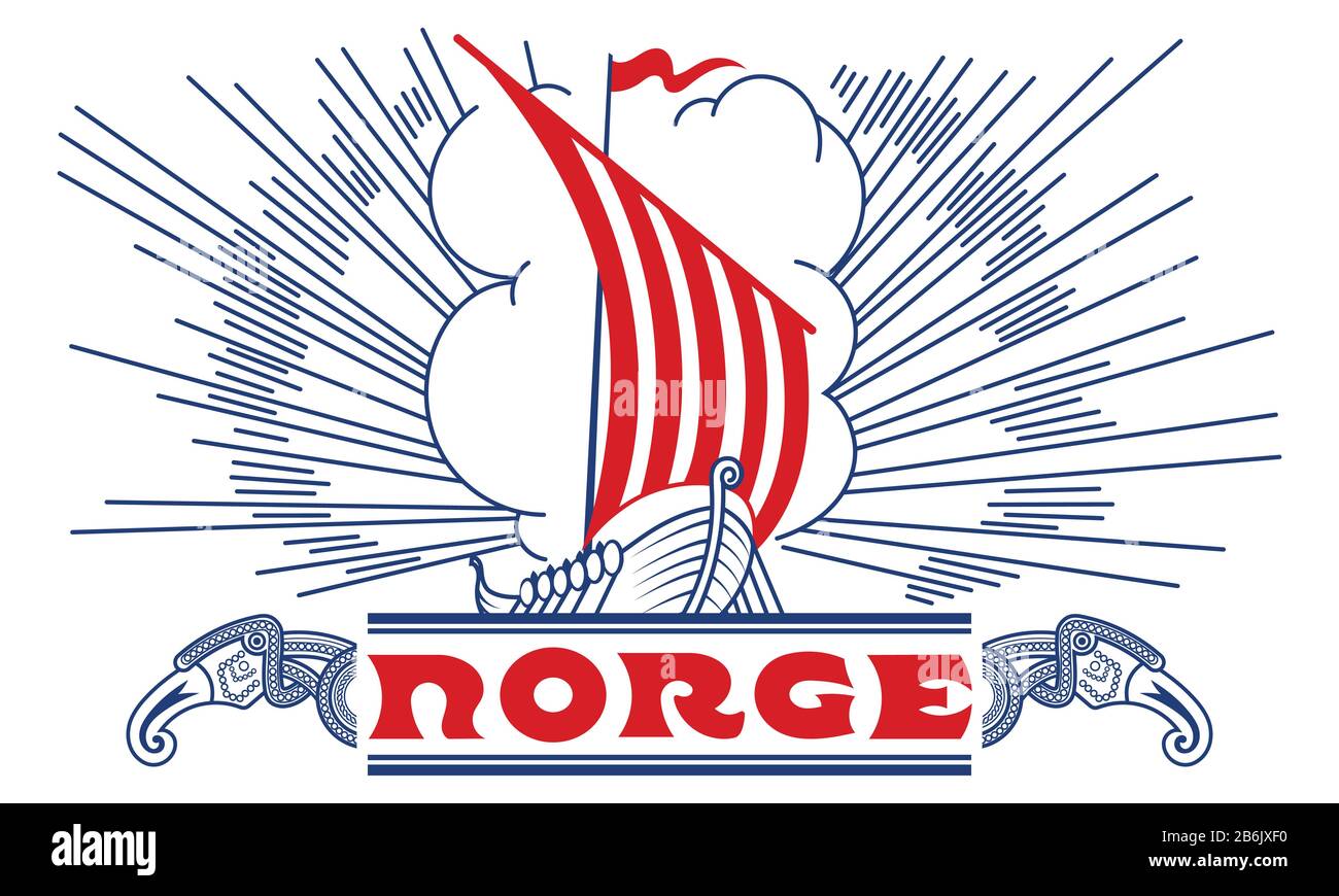 Viking, design scandinave. Navire viking Drakkar et inscription norvégienne Norge - Norvège Illustration de Vecteur