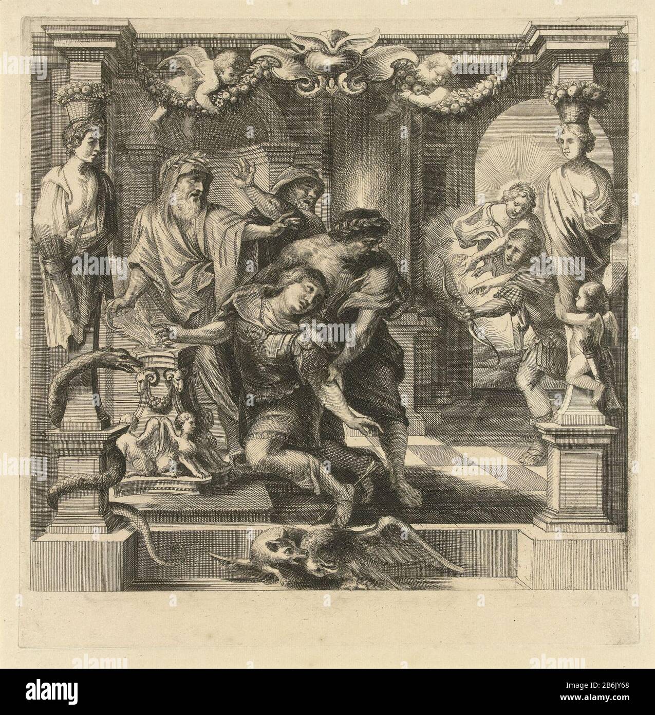 Mort d'Achilles Achilles Histoire (titre de la série) Achille avec une flèche dans son seul endroit faible, son pied a frappé comme il apporte une offre à Apollo. En arrière-plan, la flèche Apollo Paris mène à la bonne place. Au premier plan, un renard et un tadelaar de combat. Fabricant : printmaker Franz Ertingernaar design: Peter Paul Rubens (to) Lieu de fabrication: Anvers Date: 1679 Caractéristiques physiques: Matière de gravure: Technique du papier: Gravure Dimensions: Bord de la plaque: H 324 mm × W 320 mm Sujet: ( ou histoire) Achilles - mort Banque D'Images