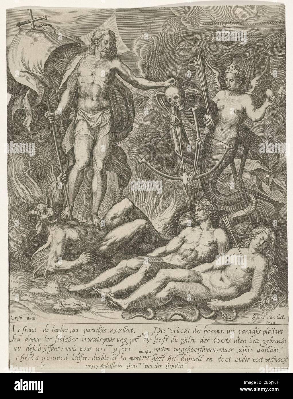 Mort d'Adam et Eve Adam et Eve mentant entre les flexibles avec des flèches slain par la mort. Christ avec bannière croisée a piétiné un diable dans le feu de l'enfer. Un tuyau en forme de femme avec une pomme flottant au-dessus du méchant Adam et Eve. En marge inférieure Écritures latines et hollandaises: Genèse 3 et Matt. 28. Fabricant : printmaker Jan Ditmaer (propriété listée) conçu par: Crispin van den Broeck (bâtiment listé) Editeur: Hans van Luyck (bâtiment listé) Daté: 1548 - 1603 Caractéristiques physiques: Matière automobile: Technique papier: Engrara ( processus d'impression) mesures: Feuille: H 253 mm × W 198 mmToelicktingPrent to Banque D'Images