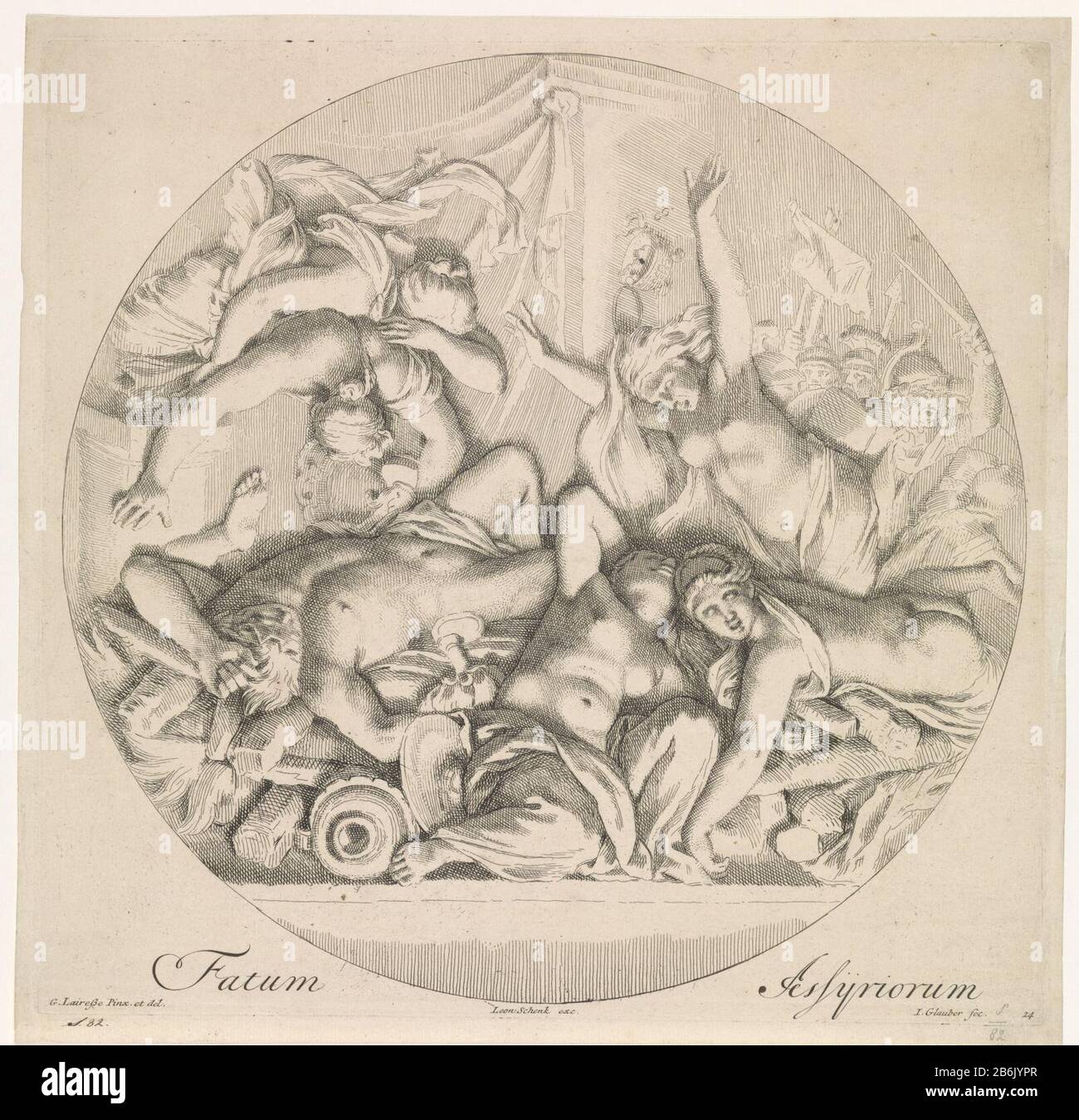 Mort de Sardanapalus Fatum Assisjriorum (titre) Représentation biblique, mythologique et allégorique (titre de la série) ronde. Le roi assyrien Sardanapalus met sa maison au feu après que les Medes ont vaincu son armée à Ninive. Il chase son tribunal à la lame. Le tirage est perdu à un bas-relief du Lairesse Gérard et fait partie d'une série avec des voorstellingen bibliques, mythologiques et allégoriques. Fabricant : Print Maker: Johannes Glauber (indiqué sur l'objet) à dessin de: Gerard de Lairesse (inscrit sur l'objet ) à la peinture par Gerard de Lairesse (bâtiment classé) Éditeur: Leon Banque D'Images
