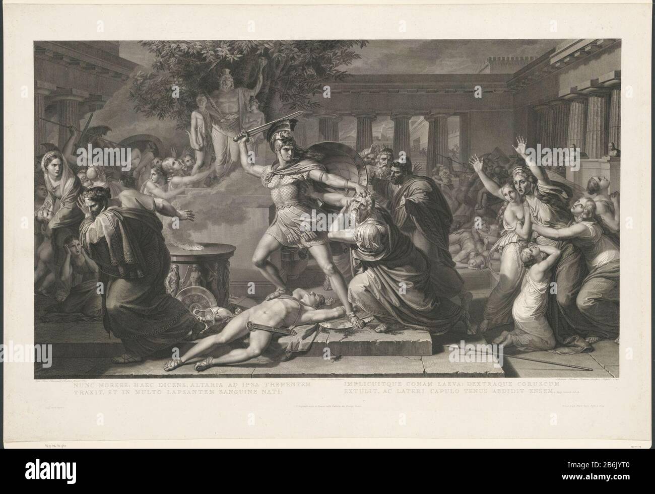Dood van Garden Face dans un temple avec Neoptolemeus, fils d'Achilles, qui est au sujet du cheval de Troie Priam à décaper l'autel du dieu Jupiter. Plusieurs figures en regardant. Passage à quatre lignes de l'Aeneis de Virgile à ondermarge. Fabricant : Print Maker: Antonio Ricciani (indiqué sur l'objet) au dessin de: Pietro Ermini (indiqué sur l'objet) à la peinture de: Pietro Benvenuti (indiqué sur l'objet) éditeur: Niccolo Pagni Figlio e Comp . (Montré sur l'objet) bouton: Luigi Bardi (indiqué sur l'objet) Lieu de fabrication: Print maker: Naples Dans le dessin: Italie À la peinture de: Florence Éditeur Banque D'Images