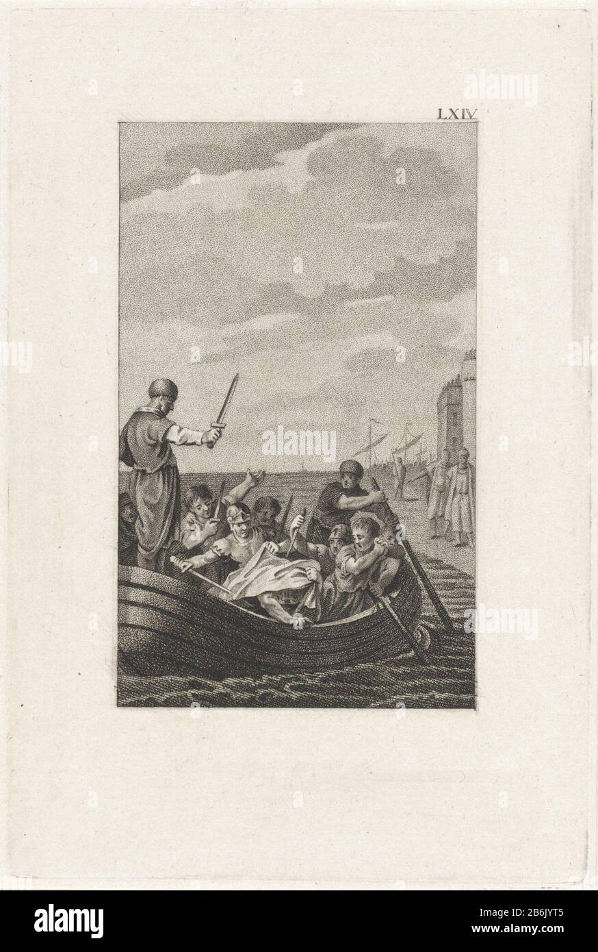 La mort de Pompey Dans le bateau qui le prendraient à terre est Pompey poignardé dans le dos par Septimius. Salvius et Achilles tirent aussi leur dagger. Pompey est impuissante et tire son vêtement sur son sweat à capuche. Fabricant : Print maker: Ludwig Gottlieb Portman Lieu de fabrication: Amsterdam Date: 1800 Caractéristiques physiques: Stippelets et matériaux de gravure: Papier technique: Stippelets / dimensions de gravure: Bord de la plaque: H 199 mm × W 133 mmTopelielichtillustringatie de: Stuart, Martinus . Histoires romaines, Section XVII, p. 454. Amsterdam: Johannes Allart, 1800. Sujet: Mort ou Pompey: Après léa sa galley, Banque D'Images