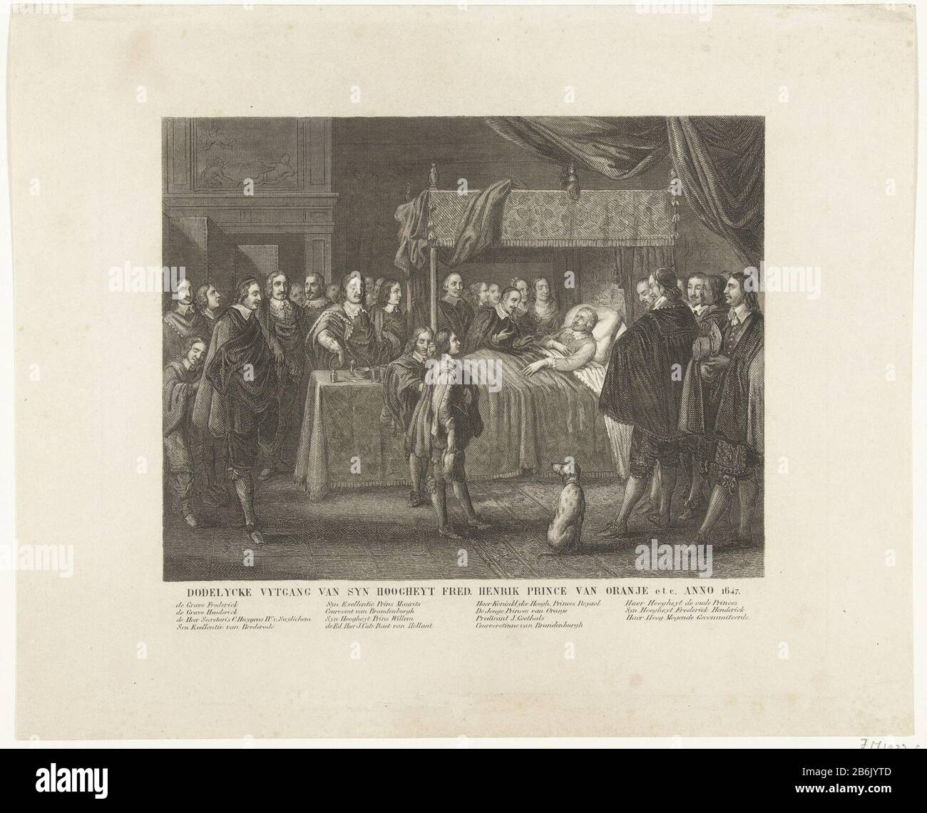 Mort du prince Frederick Henry, 1647 mort Lycke uytgang du syn Fred Altesse le prince Henrik d'Orange etc Anno 1647 intérieur avec Frederick Henry sur son lit de mort, le 14 mars 1647. Au lit sont des parents et des amis Où: De certaines des performances seront genoemd. Fabricant : Print maker: Anonyme pour imprimer par: Cornelis van Dalen (I) à la peinture de: Adriaen Pietersz. De la Venne Lieu de fabrication: Les Pays-Bas Date: 1800 - 1899 Caractéristiques physiques: Acier engraa matériau: Papier technique: Acier engrala dimension: Bord: H 220 mm × W 280 mm Objet: DeathbedDood de Frederik Hendrik Wh Banque D'Images