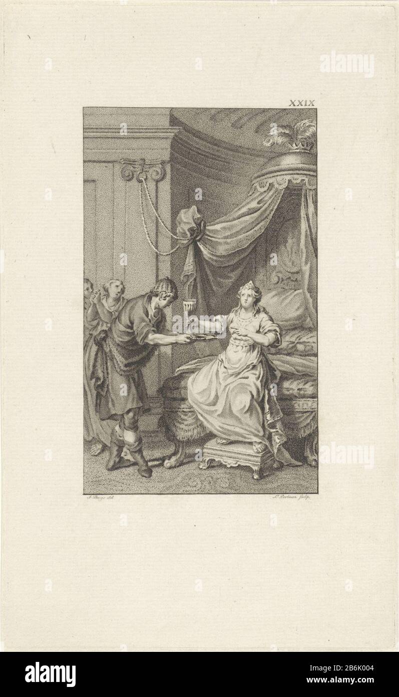 Mort Sophonisbe Sophonisbe, la fille de Hasdrubal, reçoit une coupe exploitée avec le poison identifié par Masinissa est gezonden. Fabricant : Print maker: Ludwig Gottlieb Portman (indiqué sur l'objet) à dessin de: Jacobus Buys (indiqué sur l'objet) Lieu de fabrication: Amsterdam Date: 1796 Caractéristiques physiques: Stippelets matériau: Technique du papier: Stippelets Dimensions: Bord de la plaque: H 223 mm × b 135 mmToelieliechtingepatie de: Stuart, Martinus. Histoires romaines, volume VIII, p. 274. Amsterdam: Johannes Allart, 1796. Sujet : mort ou Sophonisbe : elle Reçoit un serviteur d'une tasse de Banque D'Images