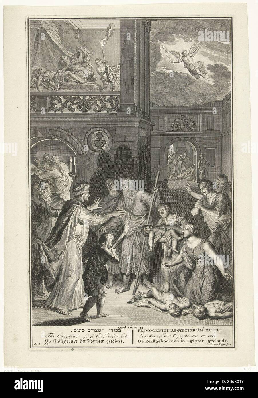 Mort du premier-né en Egypte, les premiers naissance gedoodt dans Egipten Dieu punit les Egyptiens en tuant tous leurs premiers-nés. Dans chaque maison est un enfant mort à regretter. Le fils du pharaon était sain. Juste au-dessus de l'ange de Dieu qui a apporté la mort à l'Egypte. Illustration de l'ancien Testament, Exode. 12: 29-33. Parmi les spectacles, un titre en hébreu, anglais, allemand, latin, français et Nederlands. Fabricant : printmaker J. de Buysen (propriété cotée) au dessin: Gerard Hoet (I) (bâtiment classé) Fabrication De Lieux: Amsterdam (possible) rencontres: CA. 1711 - ca. 1720 Caractéristiques physiques: En Banque D'Images
