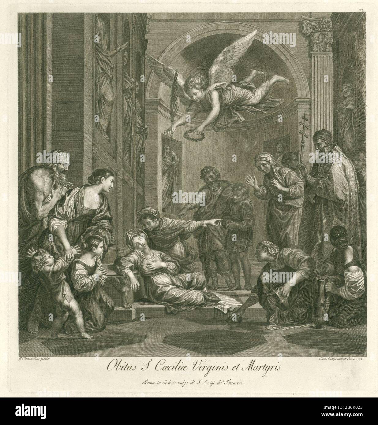 Dood van de sanctifier Cecil Death S Virgin et Martyr Cecily (objet titel op) Italiaanse schilderkunst (servietitel) Divers peintures italiennes (servietitel) Sainte Cecilia, avec trois blessures dans son cou, se meurt sur le sol d'une église. Elle est entourée d'hommes et de femmes qui regardent. Au-dessus de sa tête, un ange avec une couronne de laurier et une branche de palmier. Sur la droite se trouve un bisschop. Fabricant : printmaker: Domenico Cunego (propriété listée) à la murale: Domenichino (propriété listée) Lieu de fabrication: Rome Date: 1772 Caractéristiques physiques: Matériel automobile: Technique du papier: Engraa (processus d'impression) Dimensio Banque D'Images