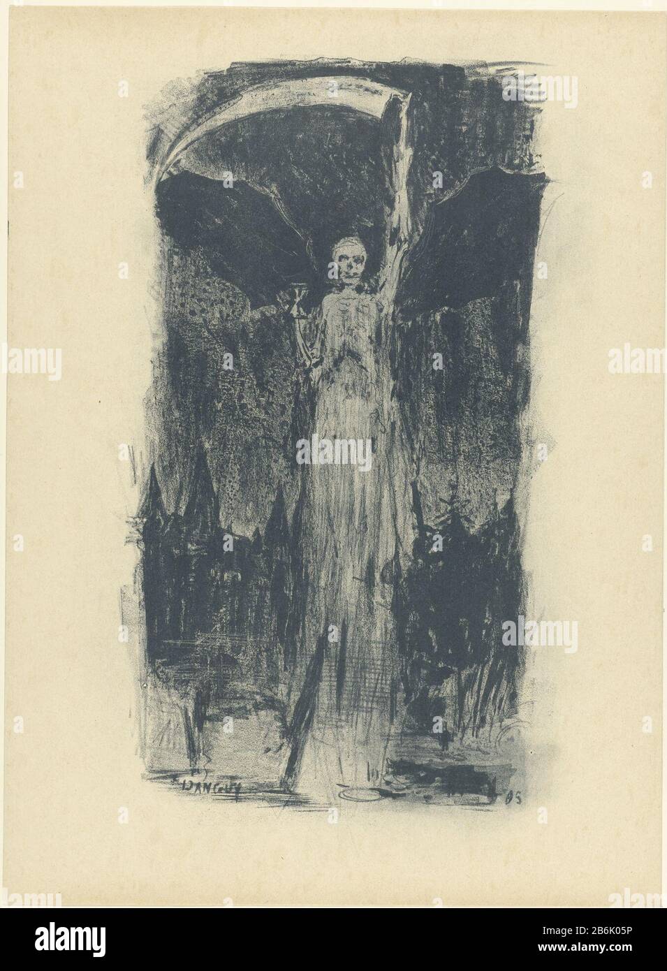 La mort apparaît dans le ciel au-dessus du château Château de la mort le château de la mort l'Epreuve (titre de la série) squelette avec ailes de chauve-souris, scythe et sablier comme la mort apparaît contre un ciel sombre dans le paysage kasteel. Fabricant : printmaker Jean Danguy (bâtiment classé) dans son dessin: Jean Danguyuitgever: L 'Epreuvedrukker P. Lemaire Lieu de fabrication: Printmaker: France Éditeur: Paris Éditeur: Paris Date: 1885 et / ou mai 1895 Caractéristiques physiques: Zincographie en bleu-noir: Papier technique zincographie / couleur dimensions: Image: H 325 mm × W 180 mmToelichtingVerschenen album avec onze Banque D'Images