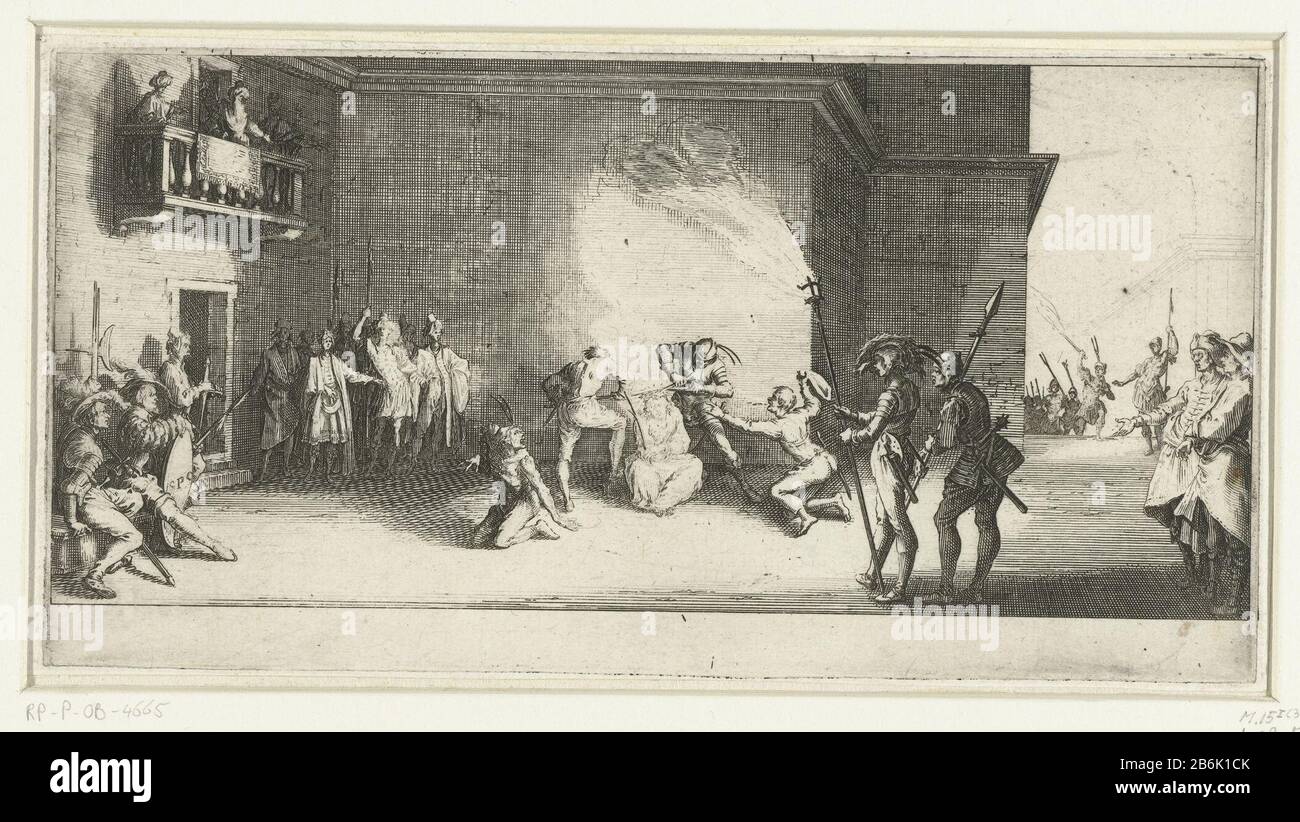 Doorne Couronnant La grande Passion (titre de la série) Les Soldats poussent le Christ, assis devant un bâtiment, une couronne d'épines sur sa tête. Depuis un balcon, trois hommes regardent. Cette photo fait partie de la série d'impression inachevée « The Great Passion », composée de sept scènes du Lijdensverhaal. Fabricant : printmaker Jacques Callotnaar propre conception: Jacques CallotPlaats fabrication: Florence Date: 1619 - 1624 Caractéristiques physiques: Gravure et engrafage matériel: Technique du papier: Gravure / engrafage (impression) mesures: Bord de la plaque: H 110 mm × W 214 mm Objet: Le couronnement avec épines: Soldats Banque D'Images
