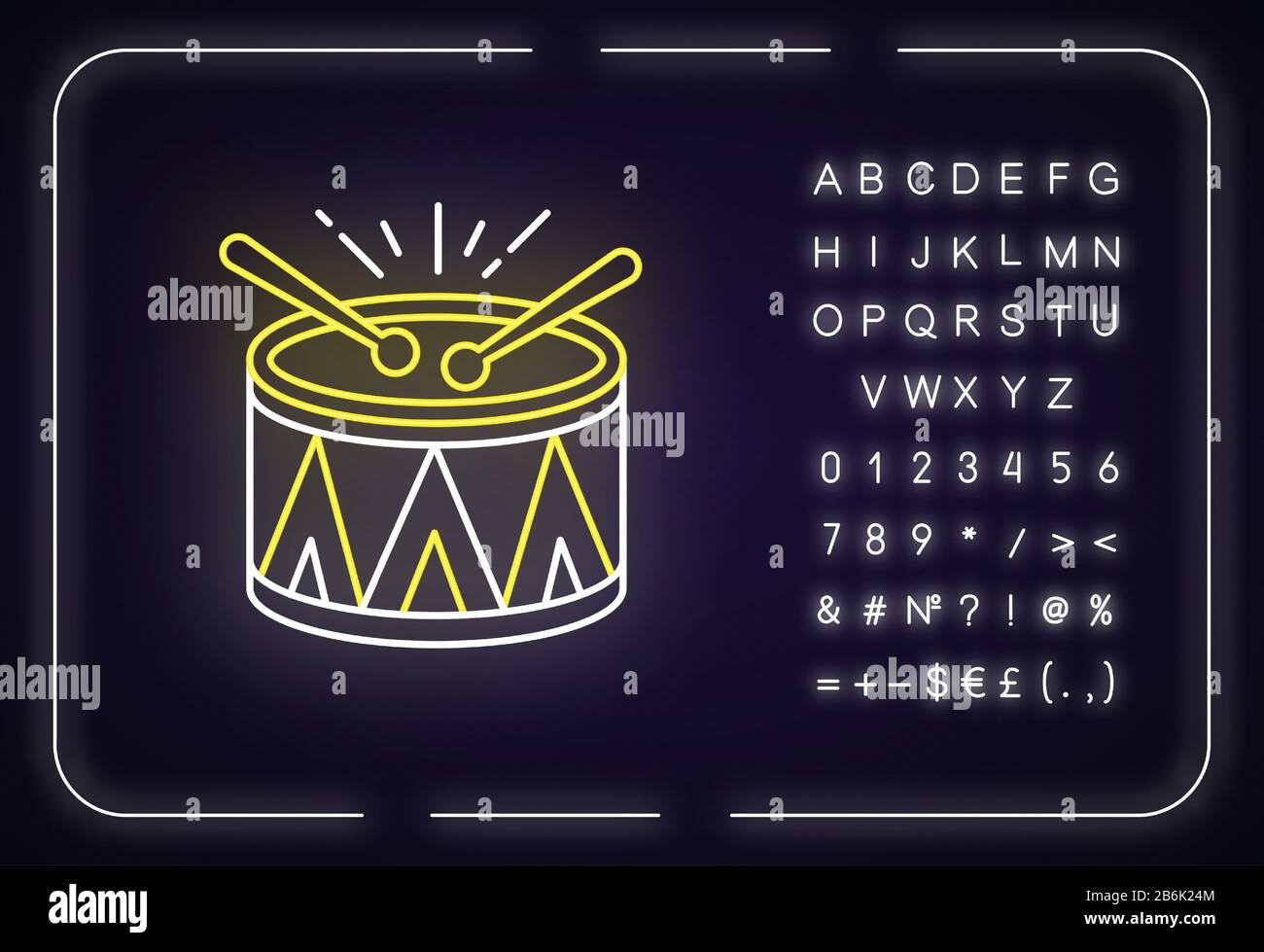 Icône du néon du tambour. Instrument de musique. Carnaval brésilien. Défilé de tambour festif. Samba. Effet brillant extérieur. Signe avec l'alphabet, les chiffres et Illustration de Vecteur