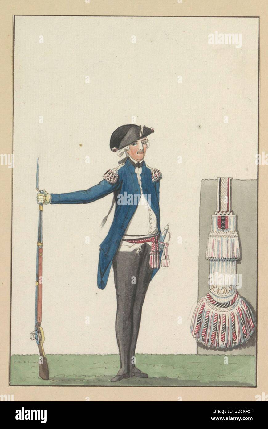 Dragoon de la Société pour le bénéfice de la Milice d'Amsterdam, 1787 Officier, Epaulette et Dragon (titre objet) Dragonder, staande met het geweer en de rechterhandle rustend op de grond. Rechts een détail van de epaulet. Onderdeel van het album met veertien ingeplakte gekleurde tekeningen van de uniformen van schutters van het patriotse Genootschap tot Nut der Schutterij te Amsterdam in het jaar 1787. Fabricant : dessinateur: AnoniemPlaats fabrication: Amsterdam Dating: 1787 kenmerken physique: Stylo en bruine, penseel en kleuren matériau: Papier Dimensions: Blad: H 207 mm × b 138 mm Subje Banque D'Images