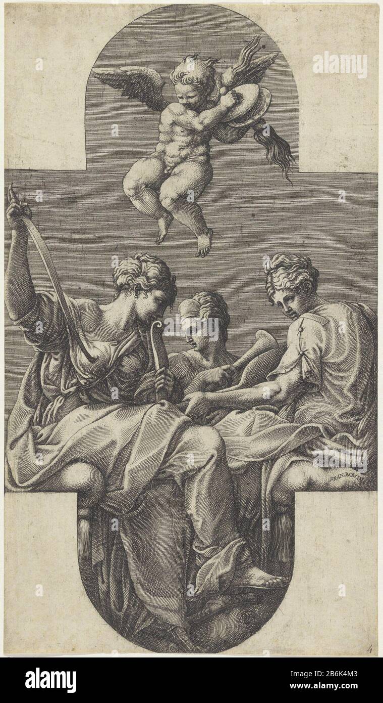 Trois muses et un putto avec des cymbales Plafondschilderingen dans la Galerie d'Ulysse à Fontainebleau (servietitel) Trois muses et un putto avec des peintures au plafond en cymbales à la Galerie d'Ulysse à Fontainebleau (titre de la série) Type de bien: Photo Numéro d'article: ReferRP-PHC 90Catalogusentie: Le Bartsch 38bartsch 38Bellini Illustré (Ghisi) 48-2 (4) Lewis & Lewis 36-2 (4) marquage / marques: Marque du collectionneur, verso, estampillé: Lugt 11 marque du collectionneur , verso, estampillé 'Hinloopen' petit timbre à l'encre noire seulement tekst.nummer, recto inférieur droit encre marron: '4' Description: Trois utilisations mmu Banque D'Images