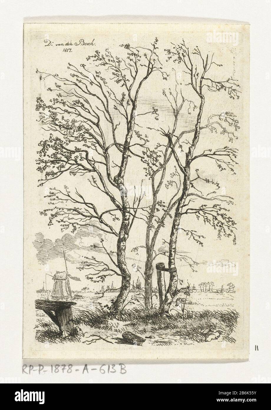 DRIE berkenbomen Trois boubreux presque sans feuilles, où: A est attaché avec une sangle à un poteau dans la banque gauche de premier plan. Au loin une vue sur une ville, à gauche un molen. Fabricant : Print Maker: D. van den Bosch (indiqué sur l'objet) Lieu de fabrication: Pays-Bas Date: 1817 Caractéristiques physiques: Matière de gravure: Technique du papier: Dimensions de gravure: Bord de la plaque: H 117 mm × b 80 mm Objet: Arbres: Bouleau Banque D'Images