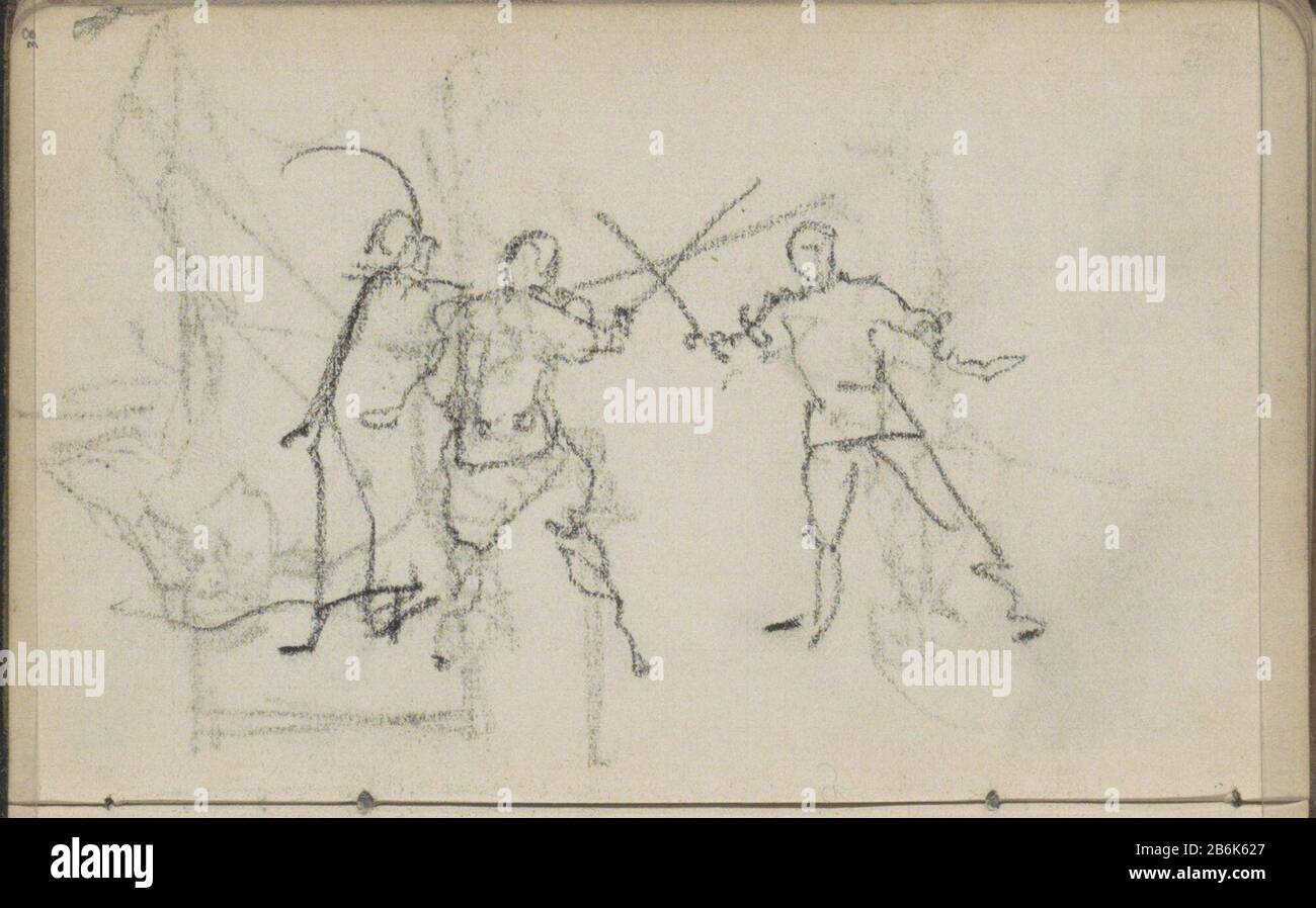 Trois figures dans le combat d'épée Page 38 d'un croquis avec 58 bladen. Fabricant : artiste Marius Bauer Date: 1879 - vers 1885 Caractéristiques physiques: Craie noire sur papier carré matériau: Craie en papier à damier Sujet: Manha de l'adulte et armes de throud: Relations agressives d'épée, hostilité et hostilité Banque D'Images