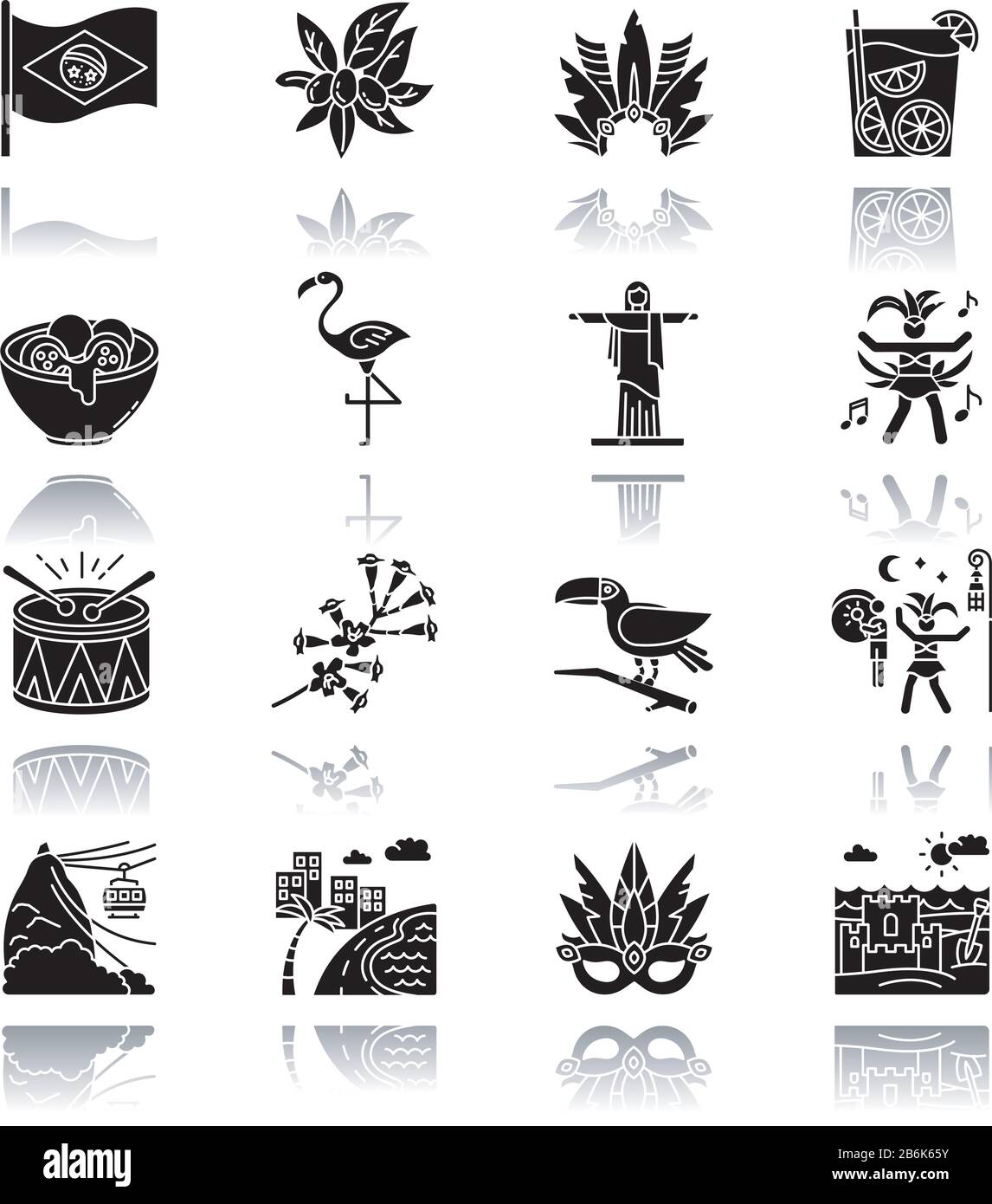 Jeu d'icônes de glyphes noirs à ombre de goutte de carnaval brésilien. Fête de rue. Les traditions de l'Amérique du Sud. Flamingo. Statue de Jésus. Château de sable sur la côte Illustration de Vecteur