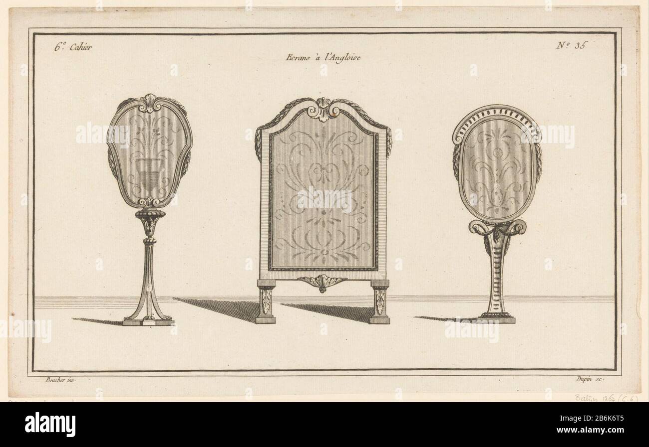 trois écrans de cheminée décorés. Les deux écrans extérieurs sont à un taux élevé. Imprimer Le Numéro 35. Fabricant : printmaker: Nicolas Dupin (propriété cotée) conçu par: Juste Nathan François Boucher (bâtiment classé) Editeur: Charles le Père & Pierre-Michel AvaulezPlaats fabrication: Paris Date: 1772 - 1779 Caractéristiques physiques: Gravure et engring matériaux: Papier technique: Gravure / engring (impression) mesures: Bord: H b 201 mm × 330 cinq mmToelichtingPrent d'une série de zes. Objet: Pare-feu Banque D'Images