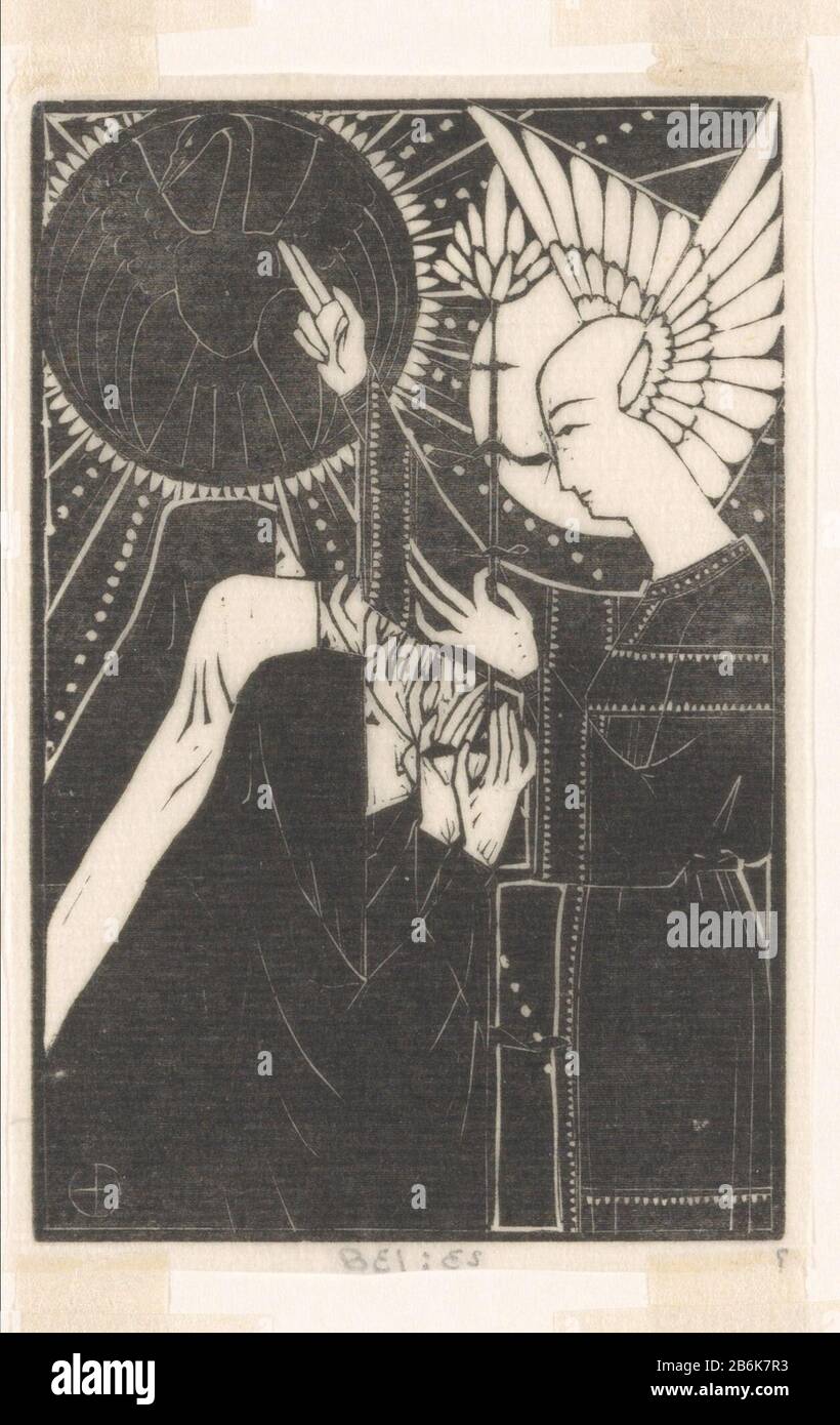 Trois figures pétrir de l'homme ailé Rechts staat een man rencontrèrent vleugels dans des plaats van oren. Hij wendt zich tot de drie figuren die voor Hem kenielen. In zijn linkerHand houdt hij een bloem; met rechts wijst hij naar de zon Banque D'Images