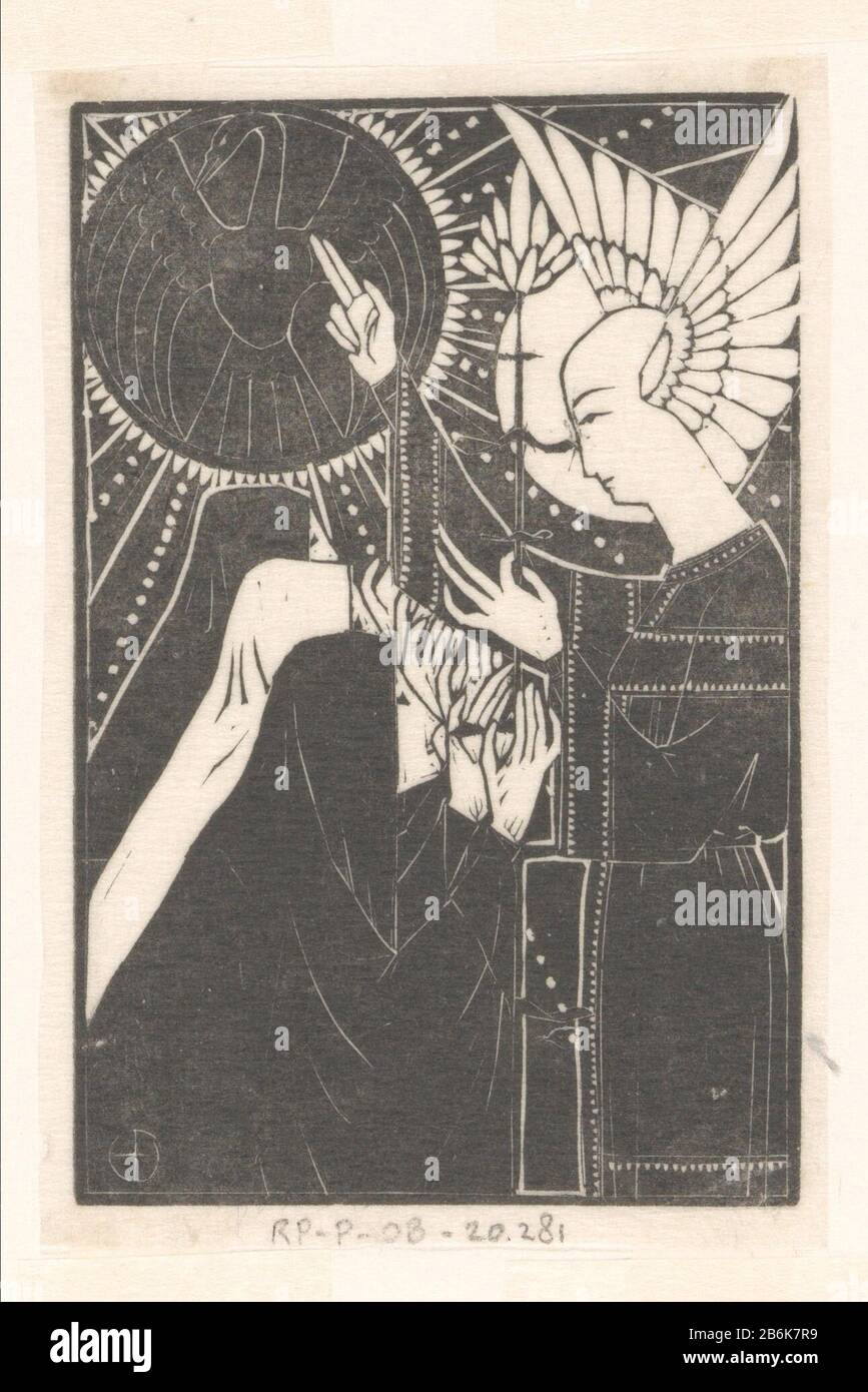 Trois figures pétrir de l'homme ailé Rechts staat een man rencontrèrent vleugels dans des plaats van oren. Hij wendt zich tot de drie figuren die voor Hem kenielen. In zijn linkerHand houdt hij een bloem; met rechts wijst hij naar de zon Banque D'Images