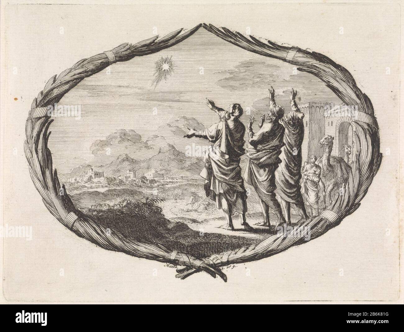 Magi voit l'étoile dans le ciel une performance dans une cartouche de branches de palmiers. Les trois rois de l'est voient l'étoile dans le ciel que la naissance du Christ voorpelt. Fabricant : printmaker Jan Luyken Editeur: Pieter Mortier (I) Lieu de fabrication: Amsterdam Date: 1700 Caractéristiques physiques: Matière de gravure: Technique du papier: Gravure Dimensions: Bord de la plaque: H 113 mm × W 151 mmToelichting Banque D'Images