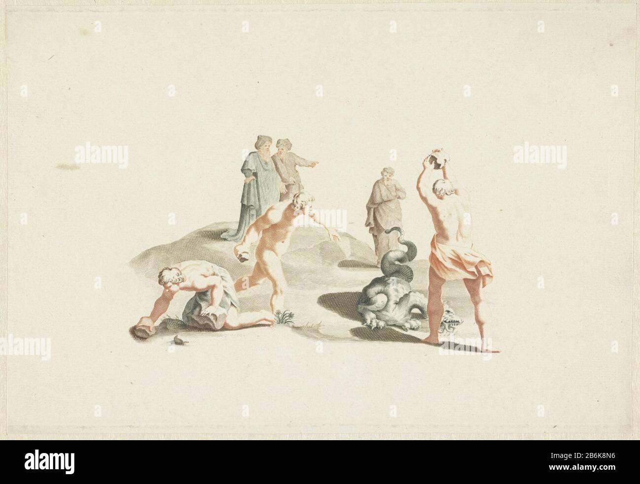 Trois hommes pierre un dragon Trois hommes pierre un dragon, tandis que trois hommes vêtus toekijken. Fabricant : printmaker : supervision anonyme Johan Teylerstraat Lieu fabrication: Pays-Bas Date: 1688 - 1698 Caractéristiques physiques: Voiture à la poupée en matière verte, rouge et marron: Technique du papier: Engraa (procédé d'impression) / à la poupée / couleur dimensions: Bord de la plaque: H 159 mm × W 240 mm Objet: dragon (+ animal tué par l'homme) Banque D'Images