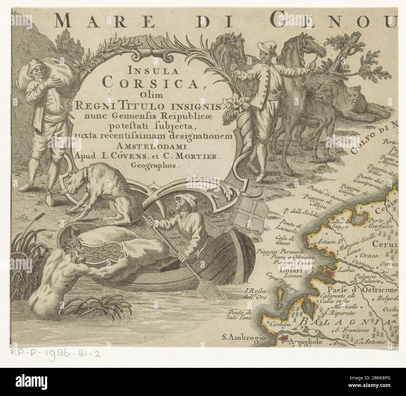 Trois hommes entourent cartouche Insula Corse, Olin Regni Titulo insignis (objet titre) un homme avec un sac sur son épaule, un homme avec deux chevaux et un chien et un homme naviguant dans un bateau entourent une cartouche avec le titre. Détail d'une carte de l'île Corse. Fabricant : printmaker: Éditeur anonyme: Covs & Mortier (propriété cotée) Lieu de fabrication: Amsterdam Date: 1742 Caractéristiques physiques: Engraa, matière de couleur manuelle: Technique du papier: Engraa (impression) / mesures de couleur manuelles : feuille: 185 mm × h 212 b mmToelichtPrent de: Lisle, Guillaume de. Atlas nouveau, tout à fait Banque D'Images