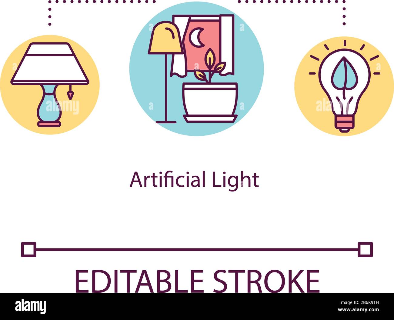 Icône de concept de lumière artificielle. Éclairage pour la culture de plantes. Sources lumineuses. Conditions d'éclairage faibles, illustration de la ligne fine. Vecteur isolé Illustration de Vecteur